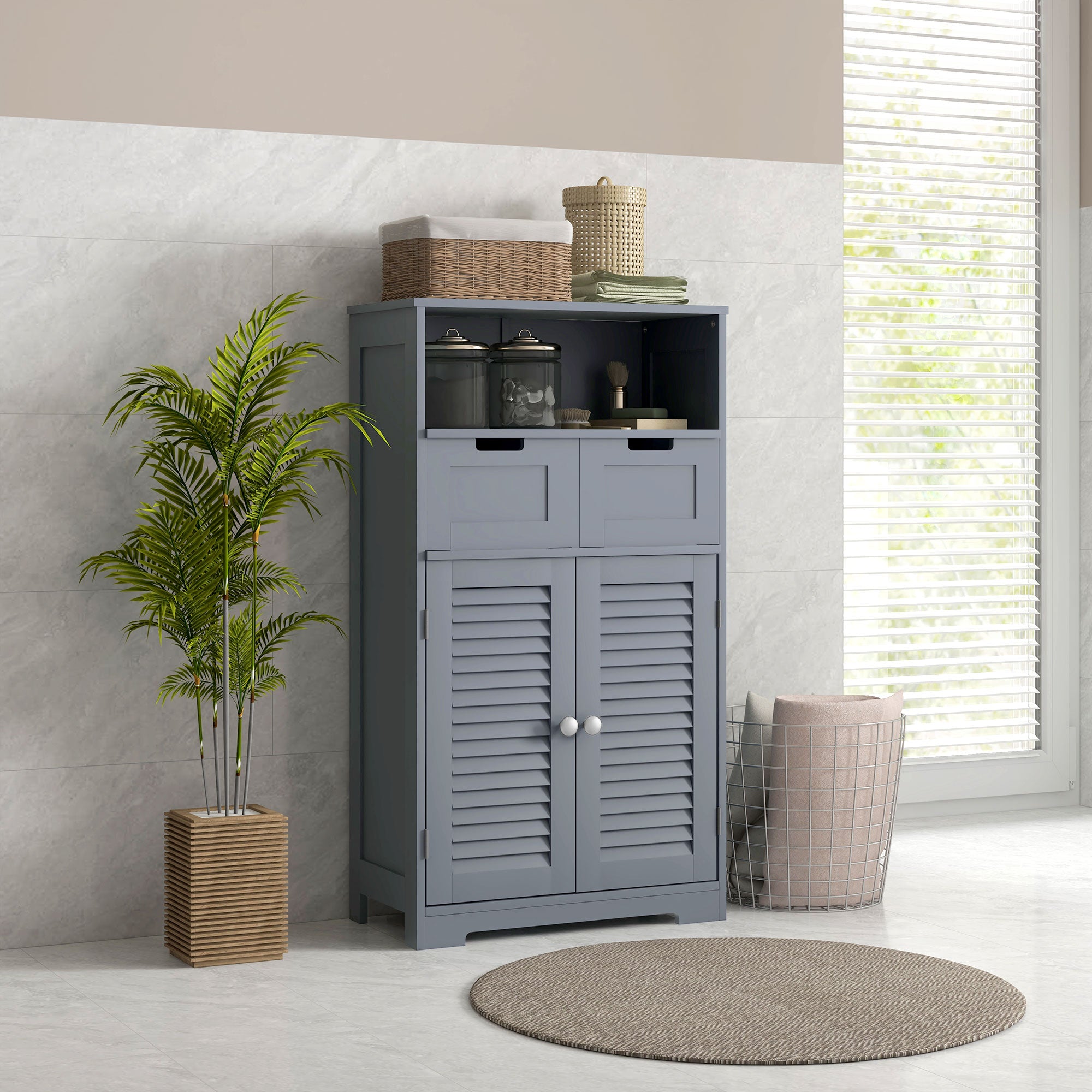 kleankin Bathroom Cabinet with Drawers, Bathroom Storage Cabinet with Louvred Doors, Open Compartment and Adjustable Shelf for Washroom, Grey