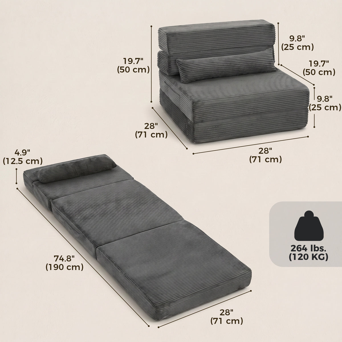 28" Folding Sofa Bed, Boneless Cloud Corduroy Sleeper Floor Chair, Floor Sofa with Back Support, Thick Cushion, Lumbar Pillow, Side Pockets for Living Room, Dark Grey