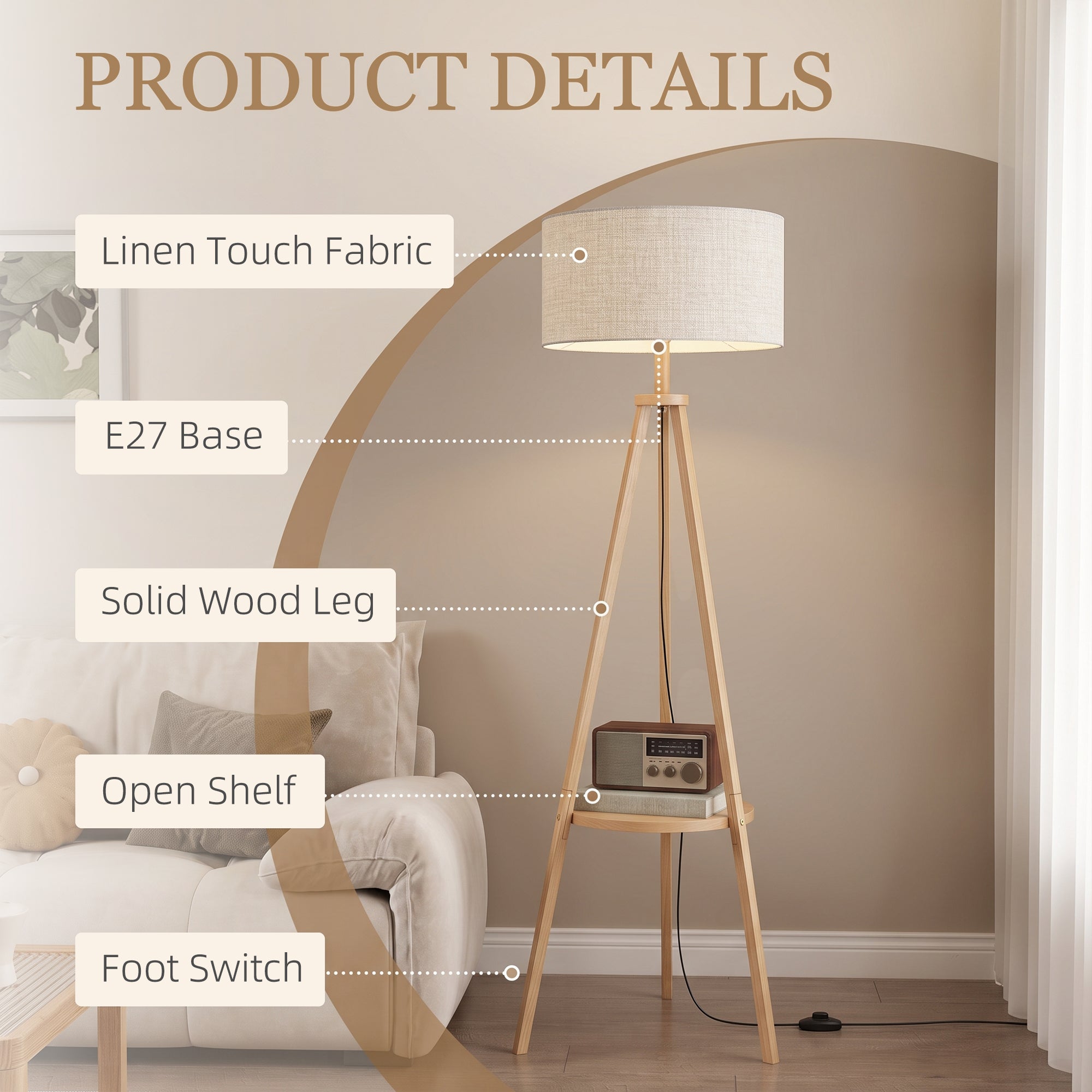Tripod Floor Lamp, Freestanding Bedside Reading Light with Storage Shelf and Linen-Look Shade for Living Room and Bedroom, 160 cm, Natural Wood Colour