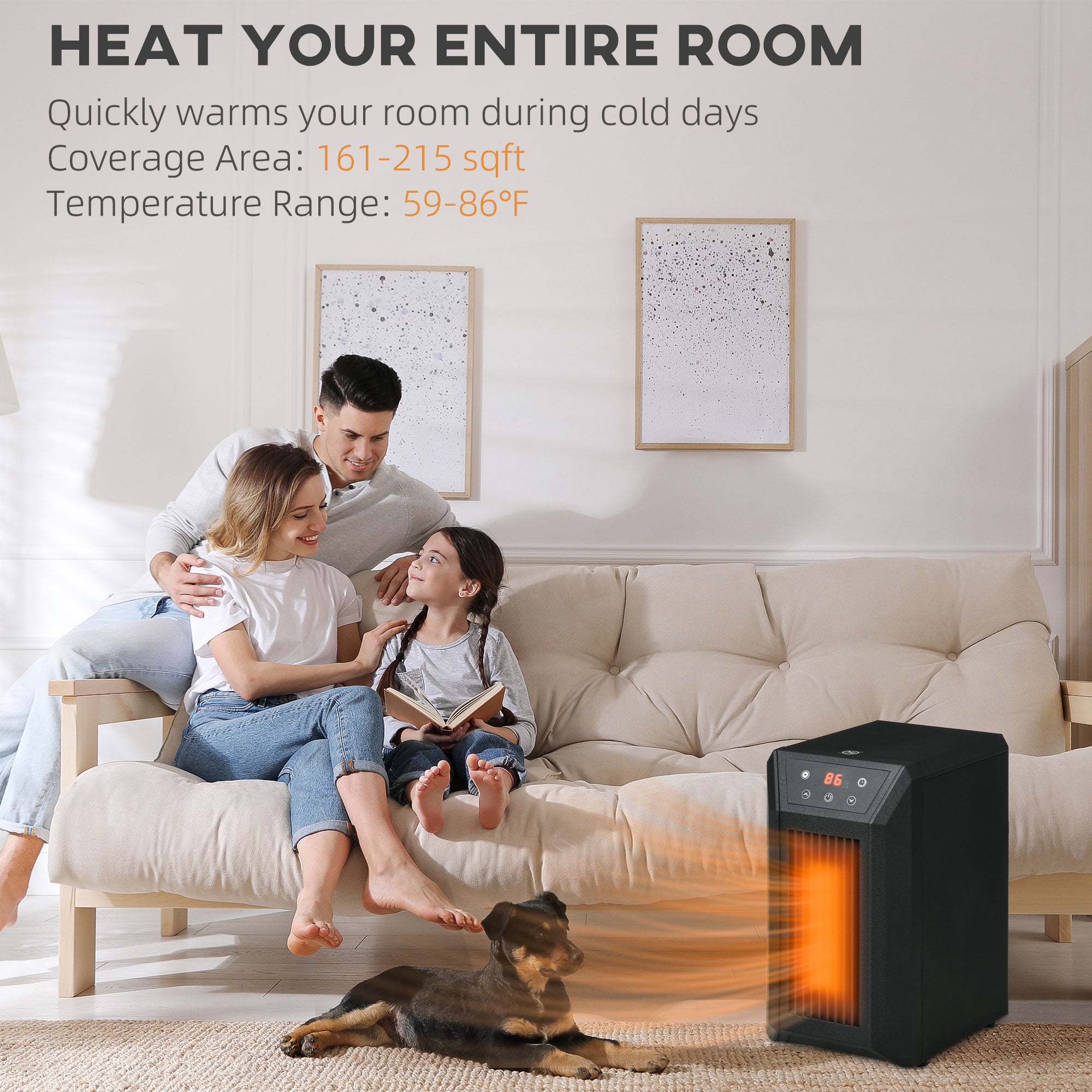1500W Electric Space Heater with Infrared Quartz, Thermostat, Remote & 12h Timer, Black