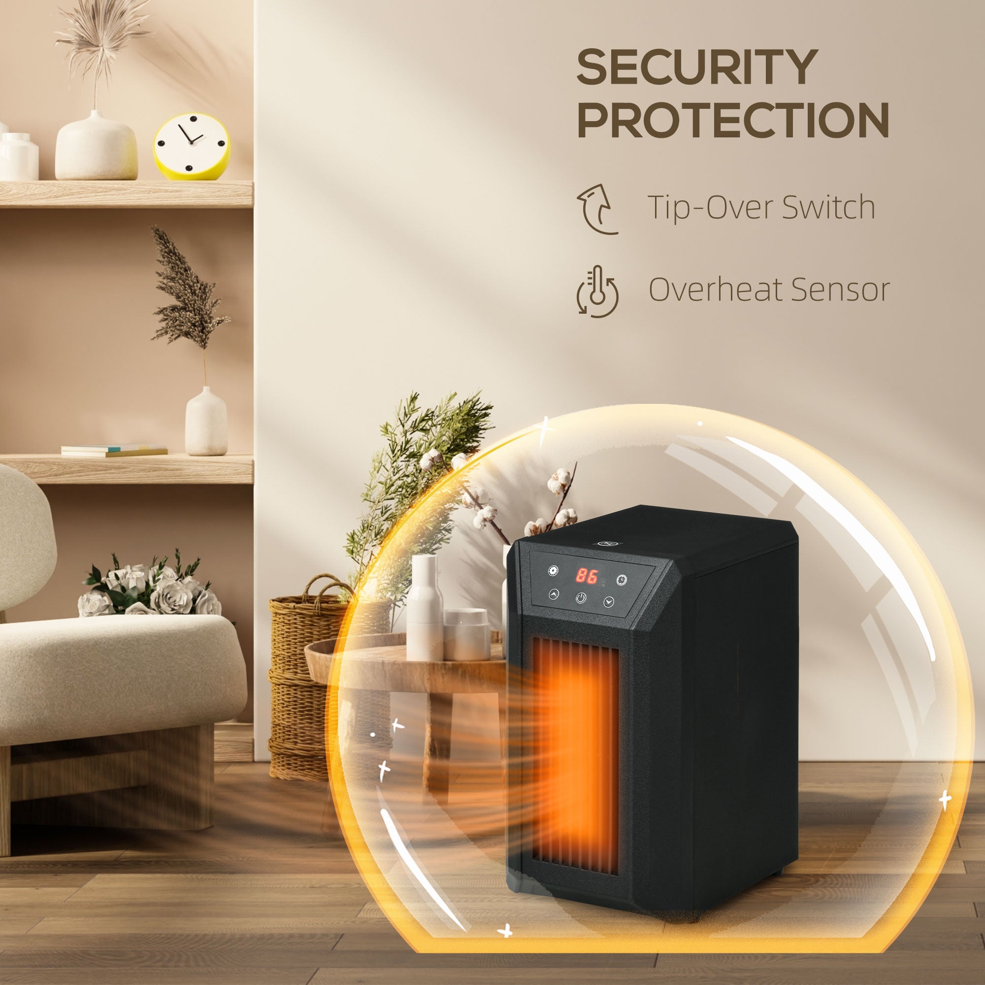 1500W Electric Space Heater with Infrared Quartz, Thermostat, Remote & 12h Timer, Black