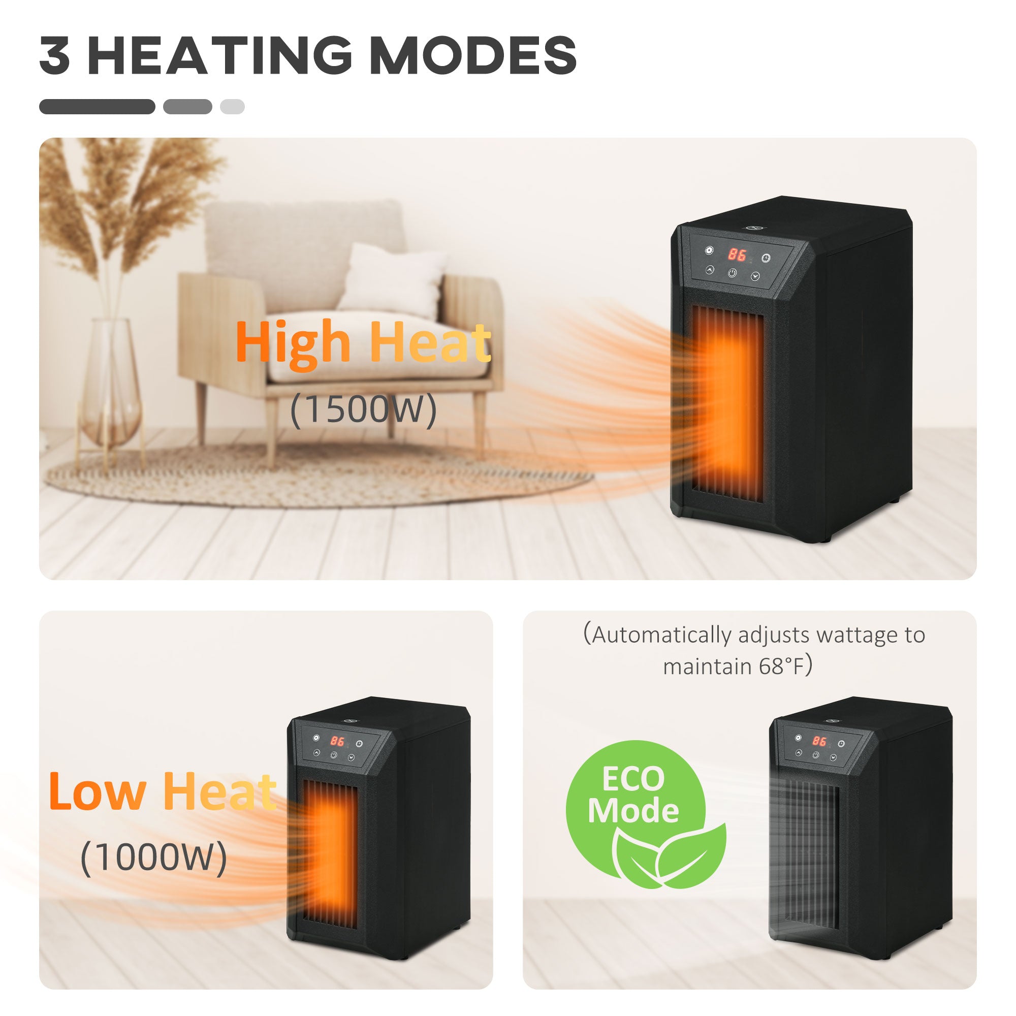 1500W Electric Space Heater with Infrared Quartz, Thermostat, Remote & 12h Timer, Black