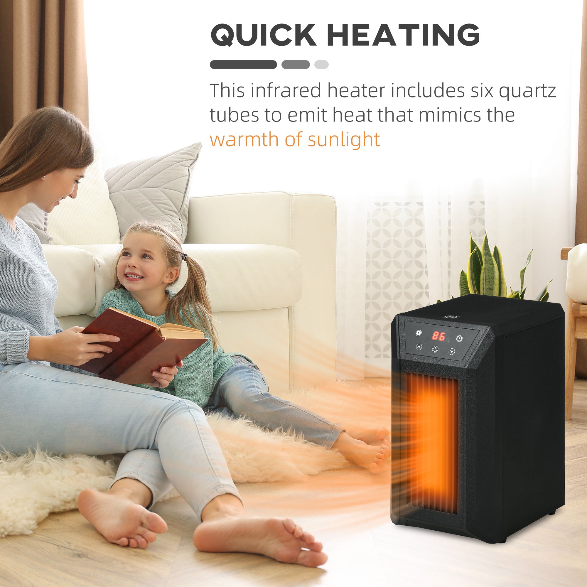 1500W Electric Space Heater with Infrared Quartz, Thermostat, Remote & 12h Timer, Black
