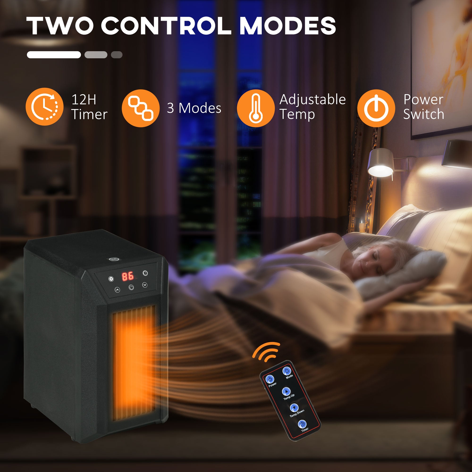 1500W Electric Space Heater with Infrared Quartz, Thermostat, Remote & 12h Timer, Black