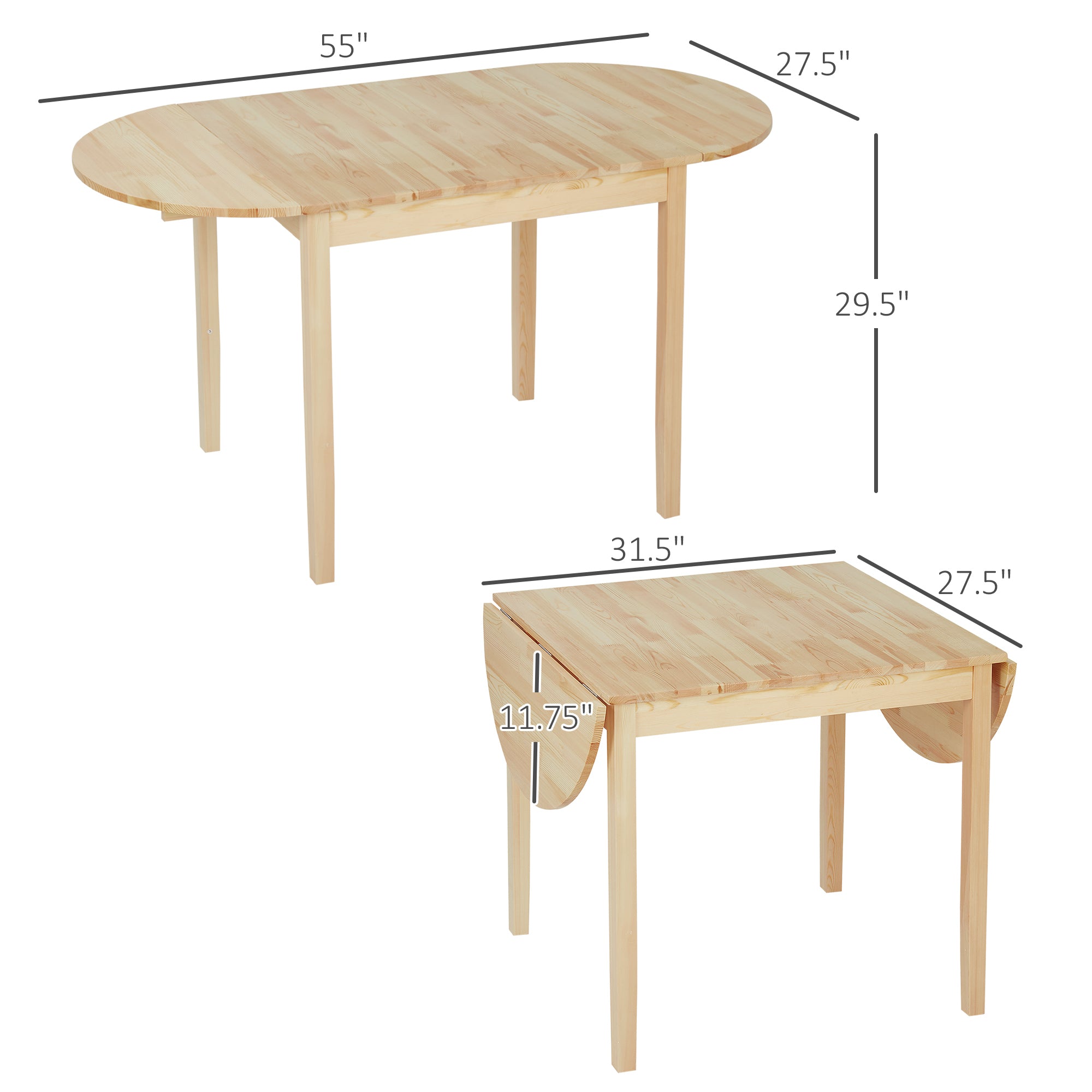 55" Wood Kitchen Table, Drop Leaf Tables for Small Spaces, Natural
