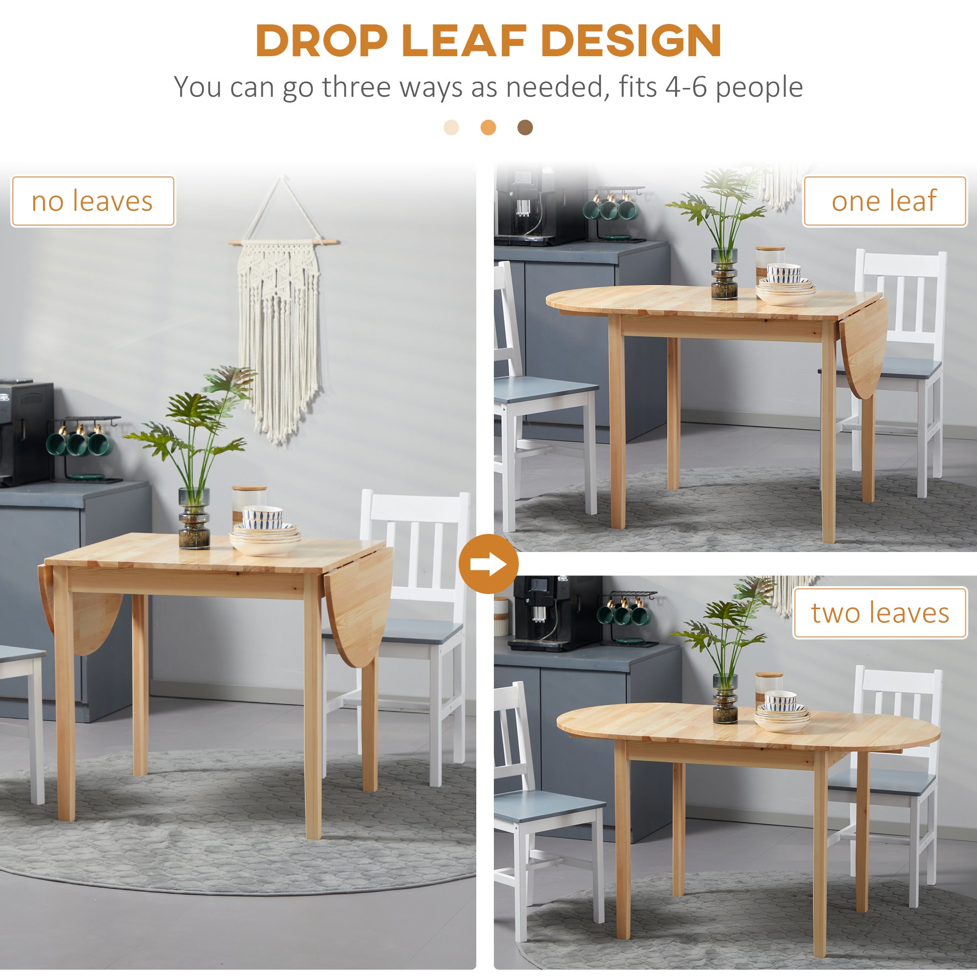 55" Wood Kitchen Table, Drop Leaf Tables for Small Spaces, Natural