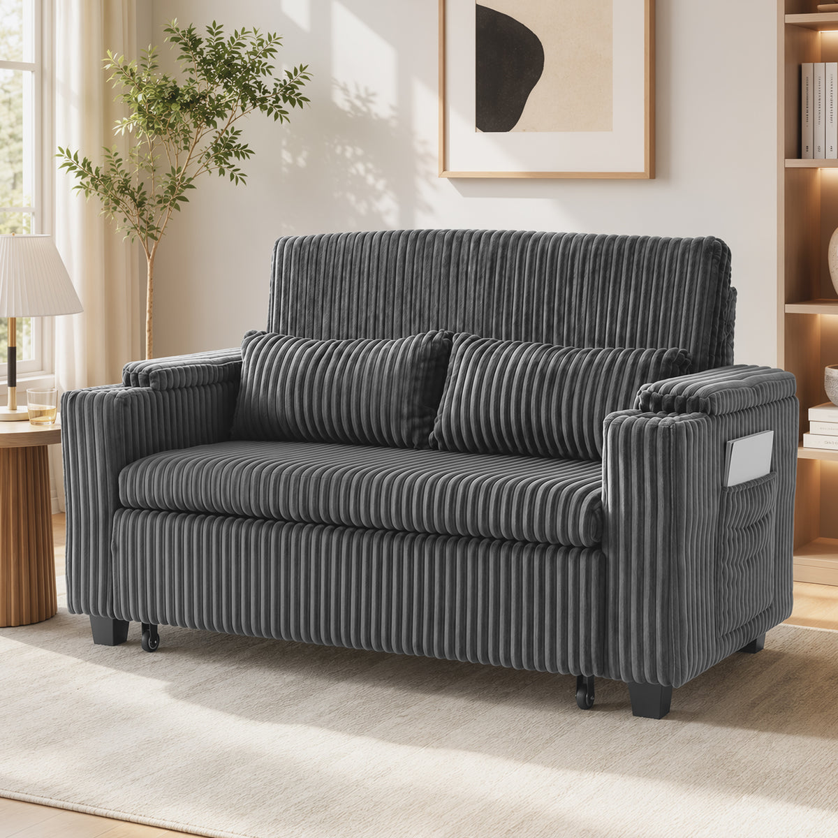 2 Seater Sofa Bed, 3-in-1 Convertible Pull Out Sleeper Sofa, Corduroy Loveseat Bed Settee with Adjustable Backrest, Storage Armrests, Cup Holders, Side Pockets for Living Room, Dark Grey