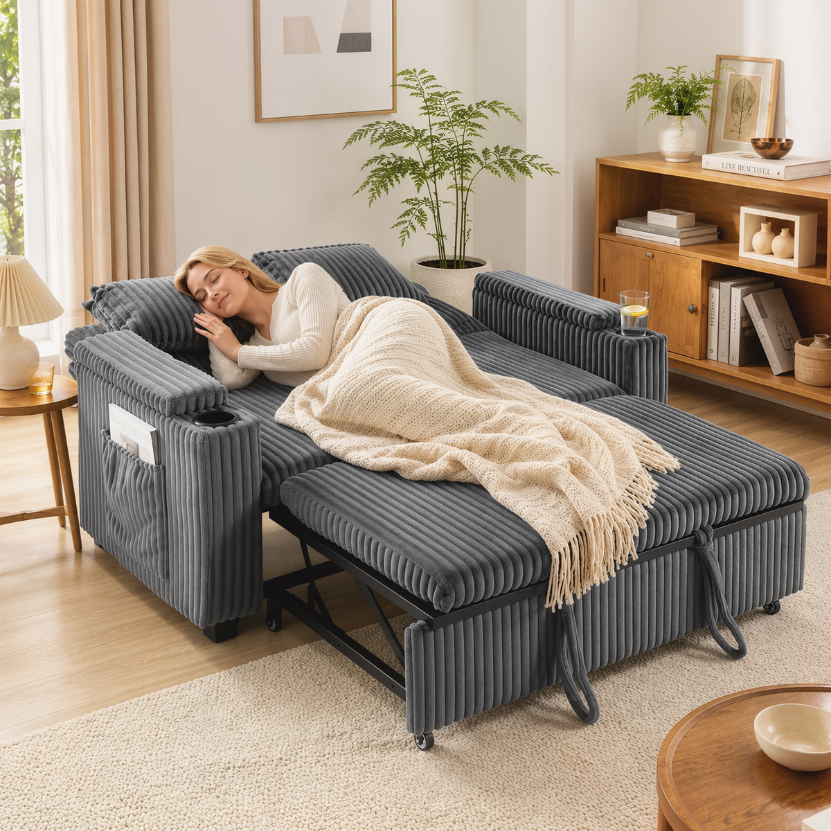 2 Seater Sofa Bed, 3-in-1 Convertible Pull Out Sleeper Sofa, Corduroy Loveseat Bed Settee with Adjustable Backrest, Storage Armrests, Cup Holders, Side Pockets for Living Room, Dark Grey
