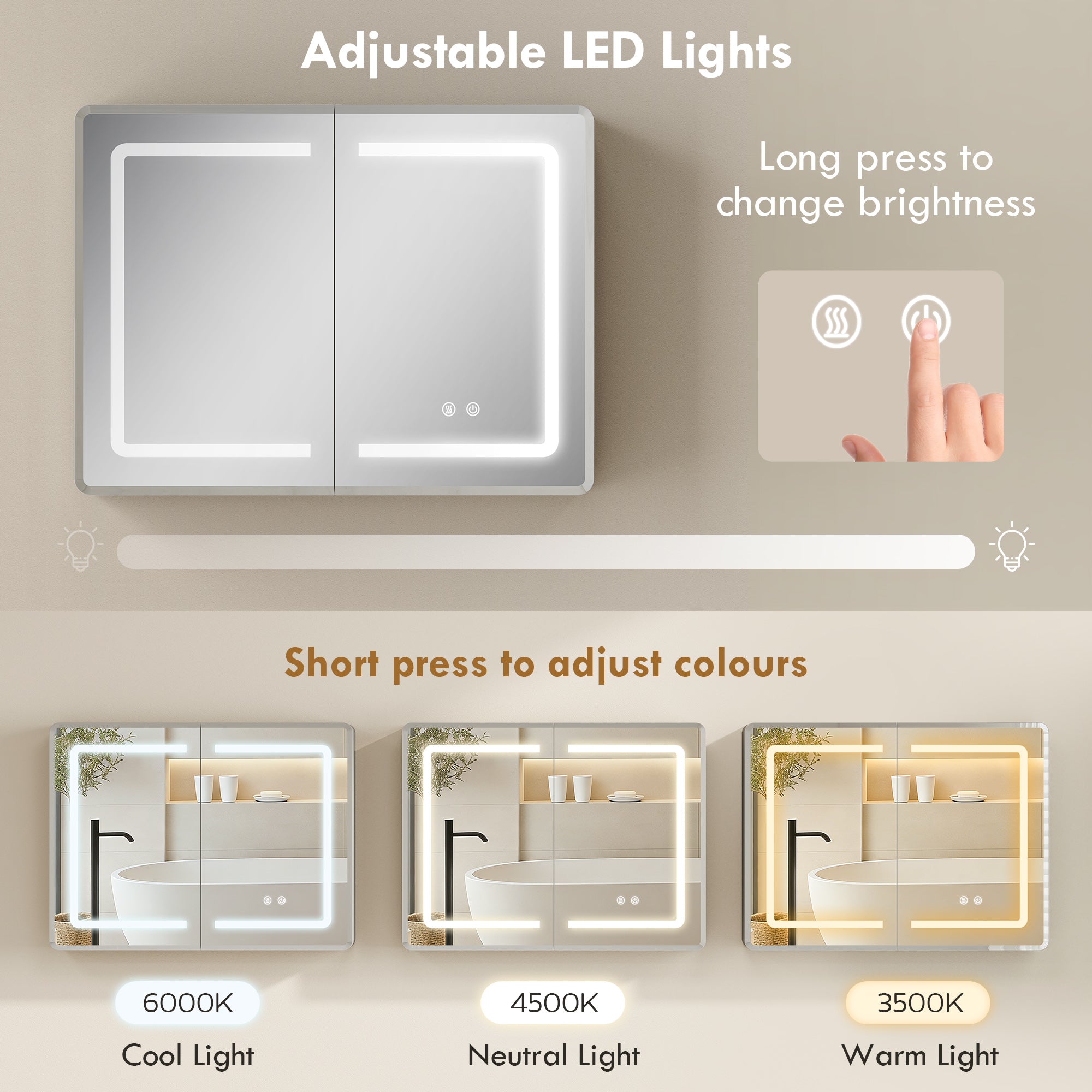 Bathroom Mirror Cabinet with LED Lights and Double-Sided Mirrors, 600 x 800 mm Aluminium Wall Mounted Bathroom Cabinet with Anti-Fog, 3 Colour Dimmable Lighting, Adjustable Shelves