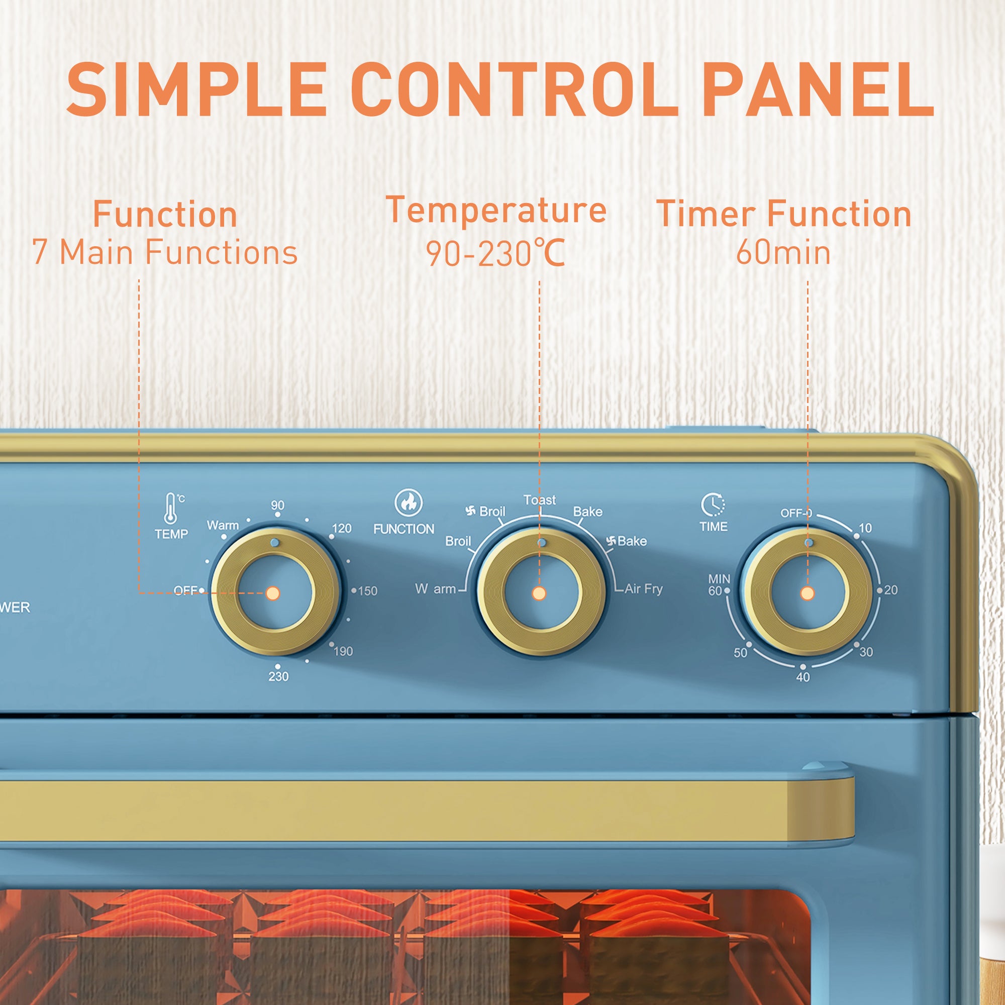 HOMCOM 20L Countertop Mini Oven, 7-in-1 Toaster Oven with Warm, Broil, Toast, Bake, Air Fryer Setting, Timer, Adjustable Thermostat, 4 Dishwasher Safe Accessories, 1400W, Blue