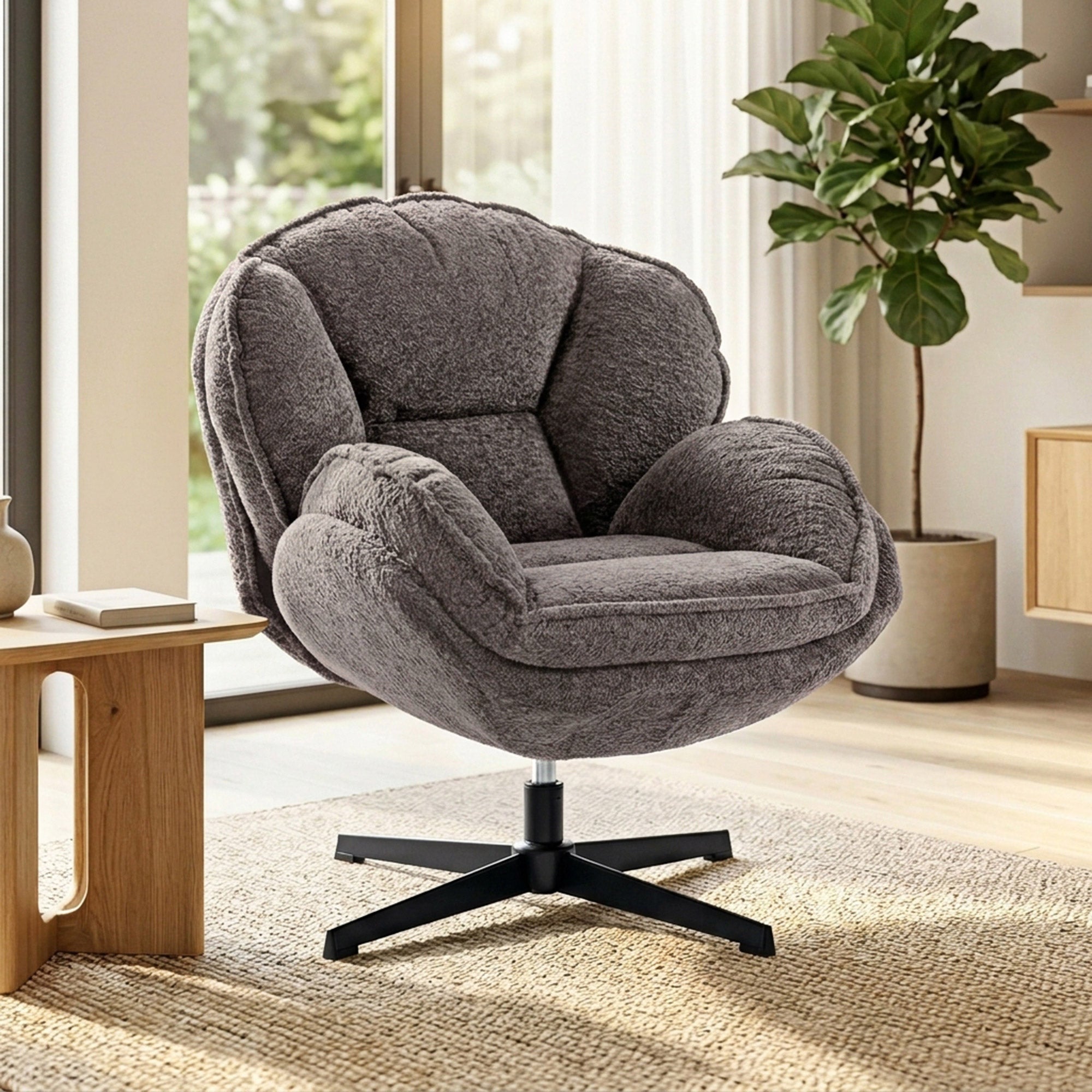 Modern Wingback Accent Chair, Velvet Armchair with 360° Swivel, Four-Star Base, S-Springs, Bedroom Chair for Living Room, Bedroom, Study, Grey