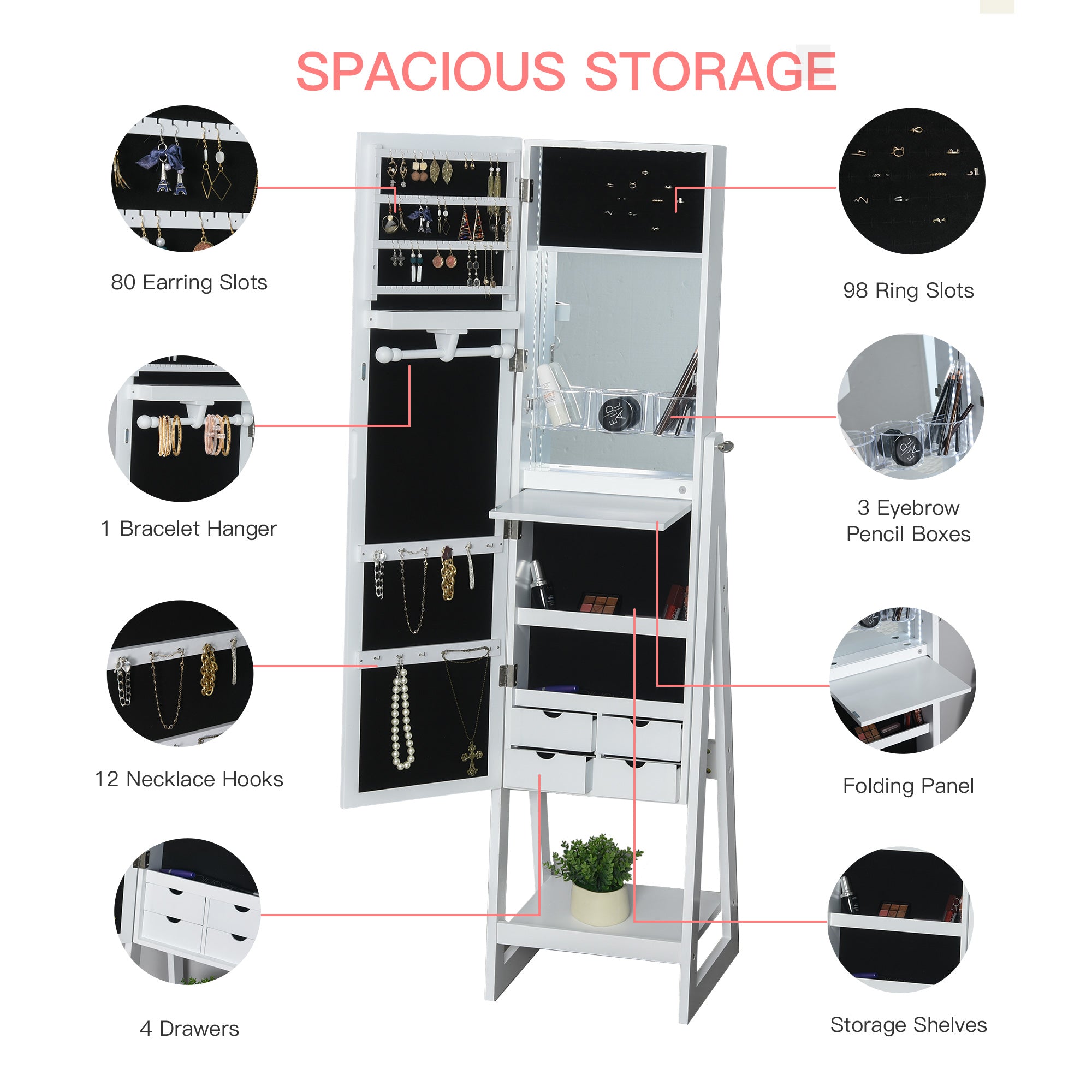 Jewellery Cabinet with Full-Length Mirror, Standing Jewelry Armoire with LED Light, Hooks, Slots, Shelves, Drawers, Folding Panel, Pencil Holders, Mirror with Storage, White