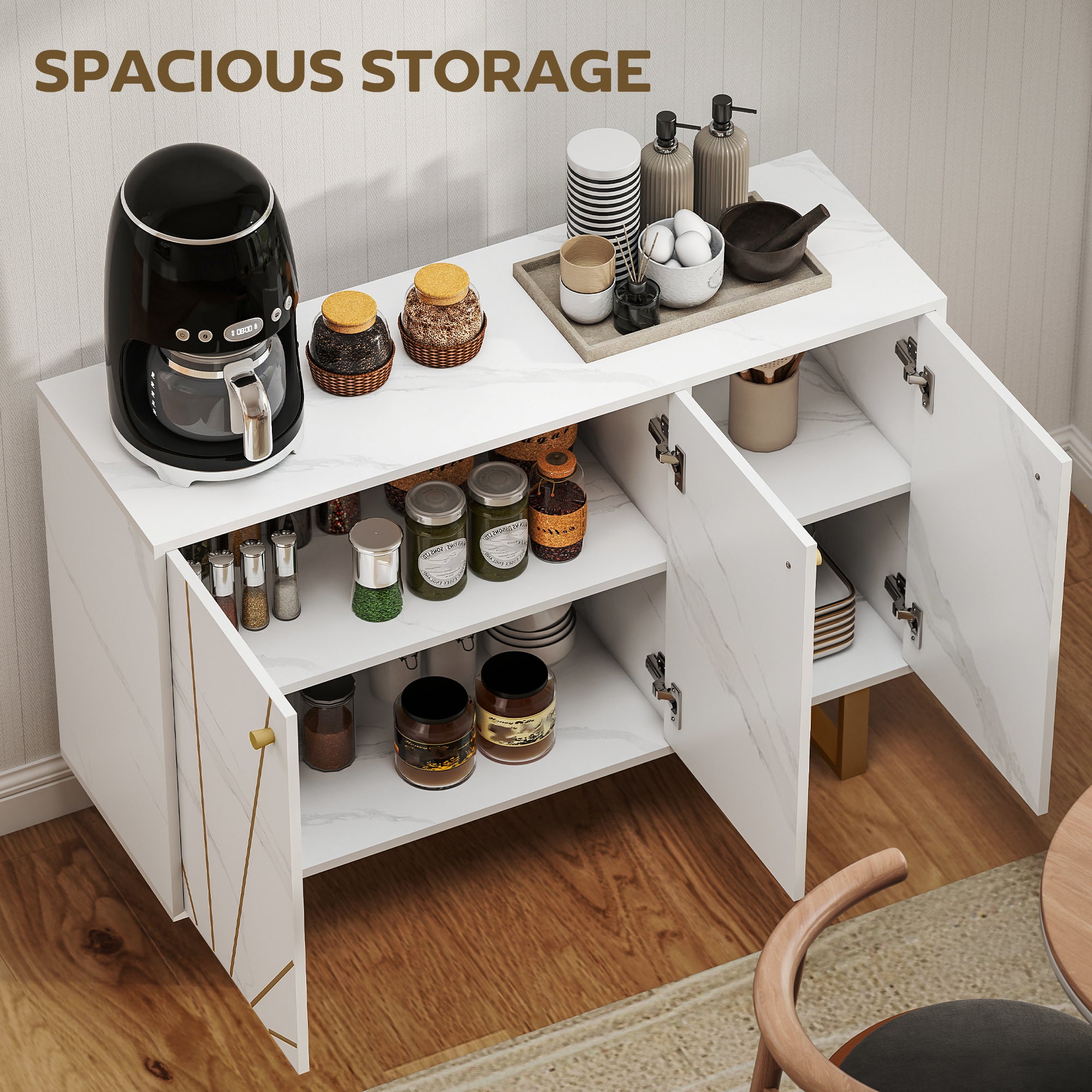 Sideboard Storage Cabinet, Modern Storage Cupboard with Adjustable Shelves and Metal Legs for Living Room, Kitchen, Dining Room, Entryway, White Marble Tone