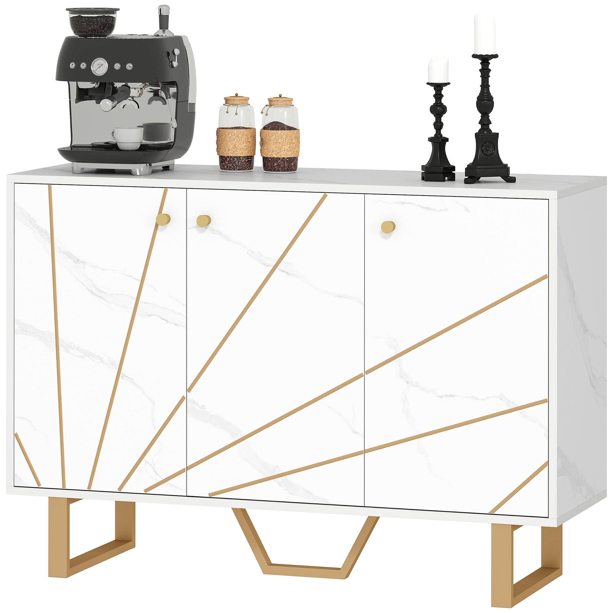Sideboard Storage Cabinet, Modern Storage Cupboard with Adjustable Shelves and Metal Legs for Living Room, Kitchen, Dining Room, Entryway, White Marble Tone
