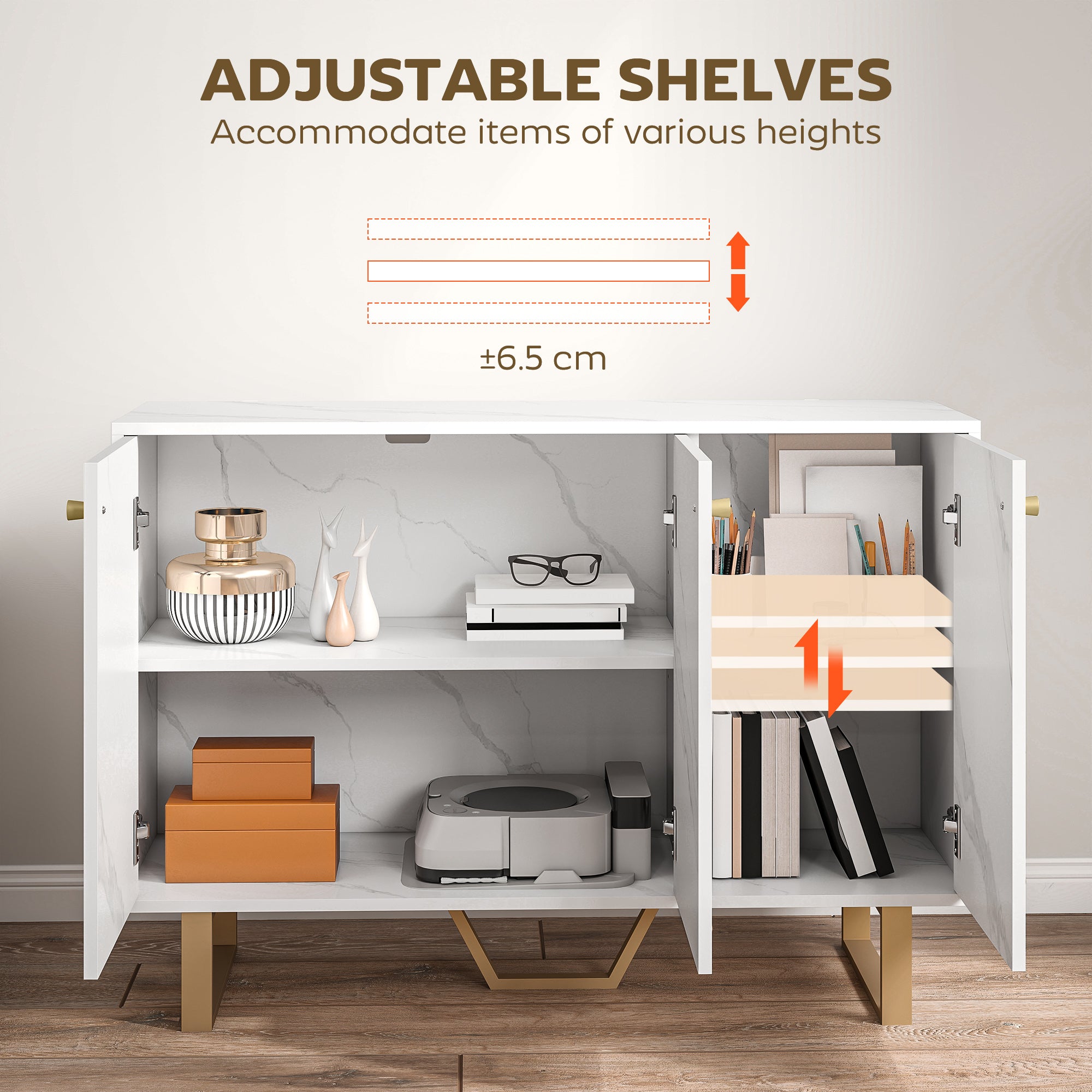 Sideboard Storage Cabinet, Modern Storage Cupboard with Adjustable Shelves and Metal Legs for Living Room, Kitchen, Dining Room, Entryway, White Marble Tone