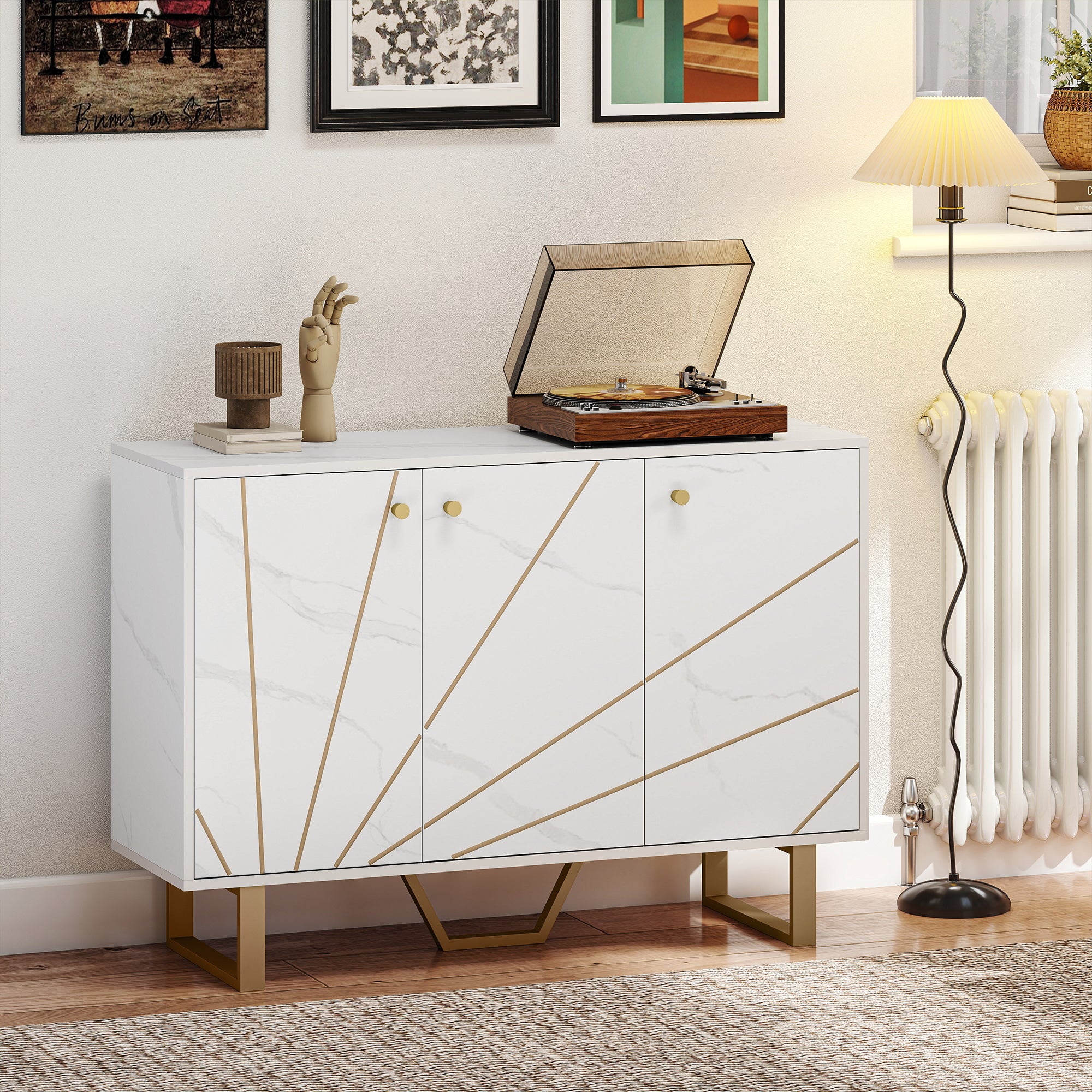 Sideboard Storage Cabinet, Modern Storage Cupboard with Adjustable Shelves and Metal Legs for Living Room, Kitchen, Dining Room, Entryway, White Marble Tone