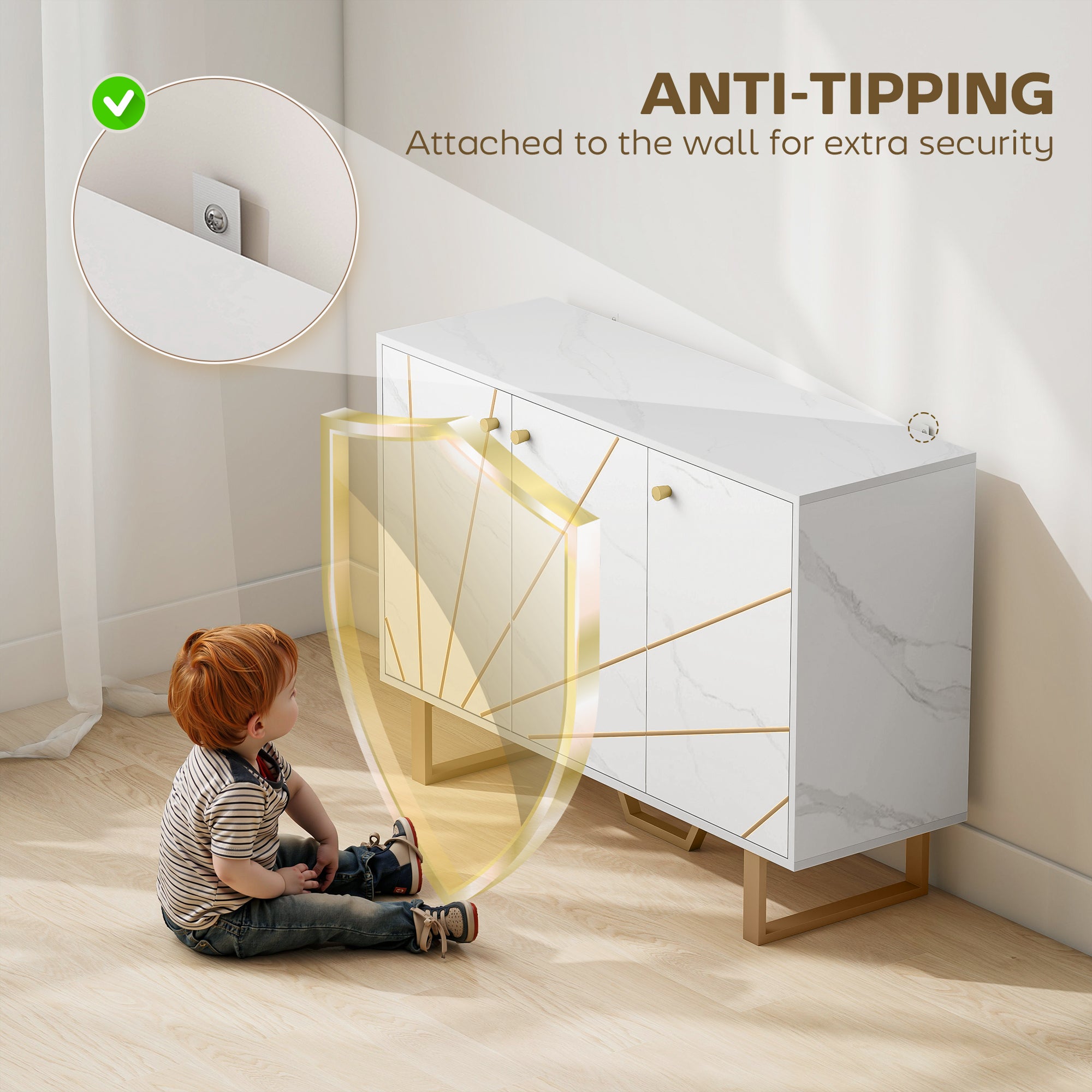 Sideboard Storage Cabinet, Modern Storage Cupboard with Adjustable Shelves and Metal Legs for Living Room, Kitchen, Dining Room, Entryway, White Marble Tone