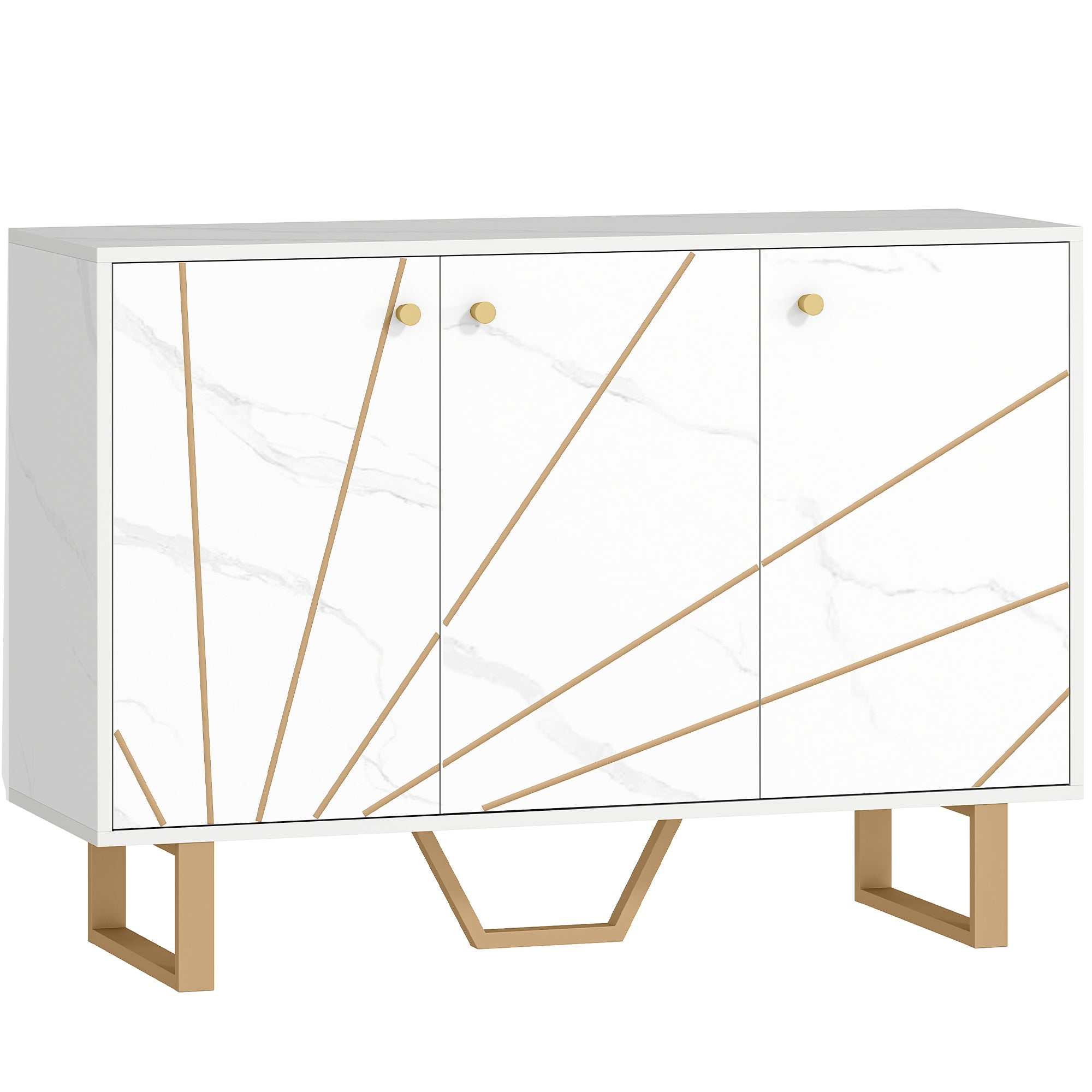 Sideboard Storage Cabinet, Modern Storage Cupboard with Adjustable Shelves and Metal Legs for Living Room, Kitchen, Dining Room, Entryway, White Marble Tone