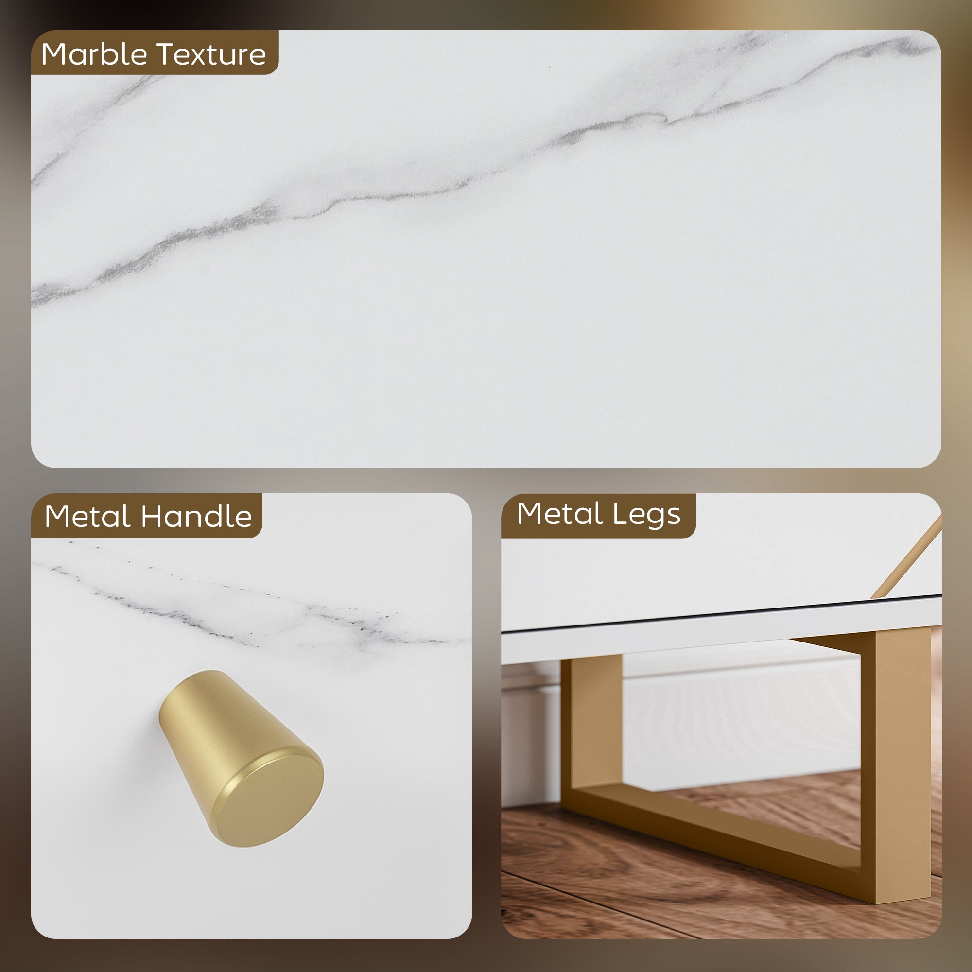 Sideboard Storage Cabinet, Modern Storage Cupboard with Adjustable Shelves and Metal Legs for Living Room, Kitchen, Dining Room, Entryway, White Marble Tone