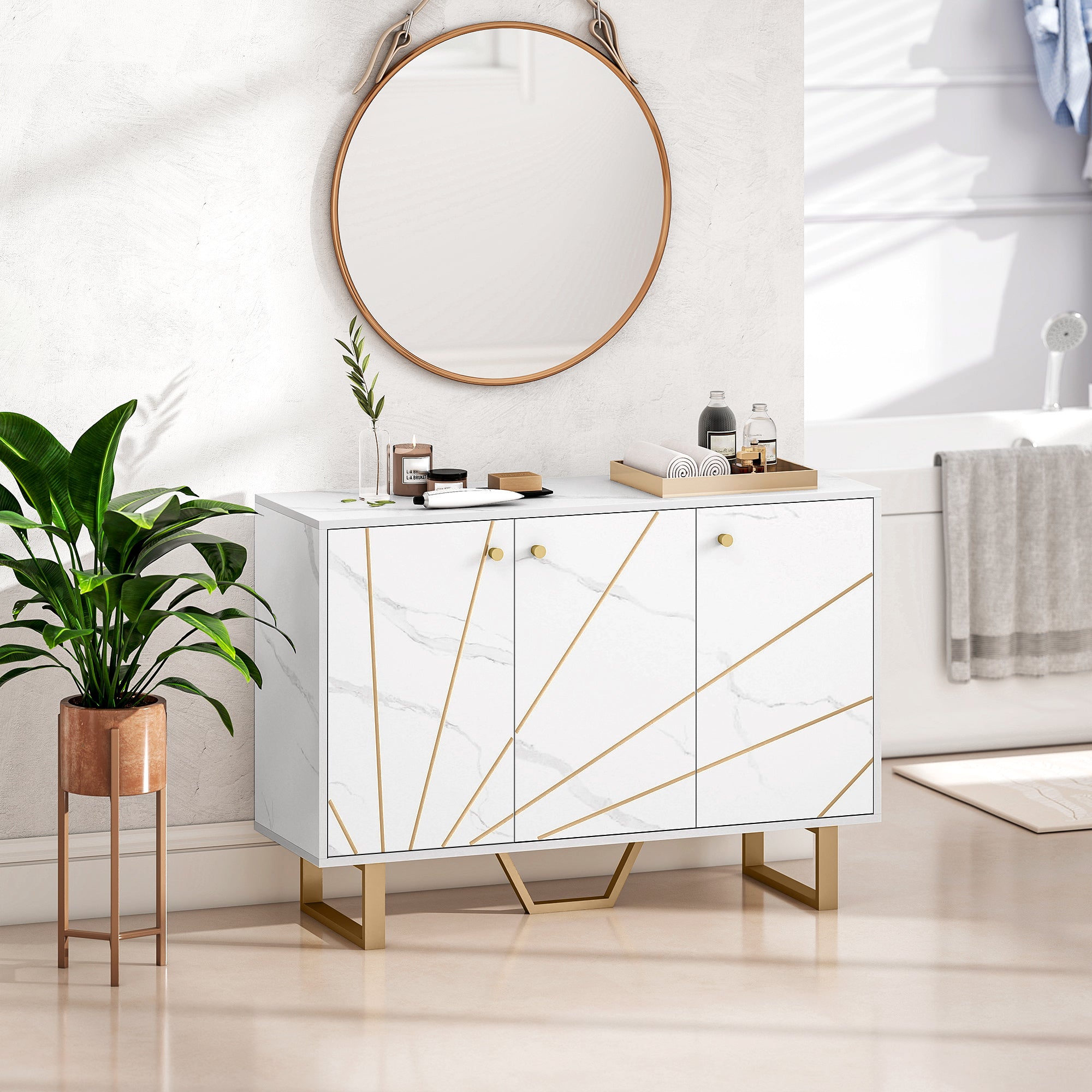 Sideboard Storage Cabinet, Modern Storage Cupboard with Adjustable Shelves and Metal Legs for Living Room, Kitchen, Dining Room, Entryway, White Marble Tone