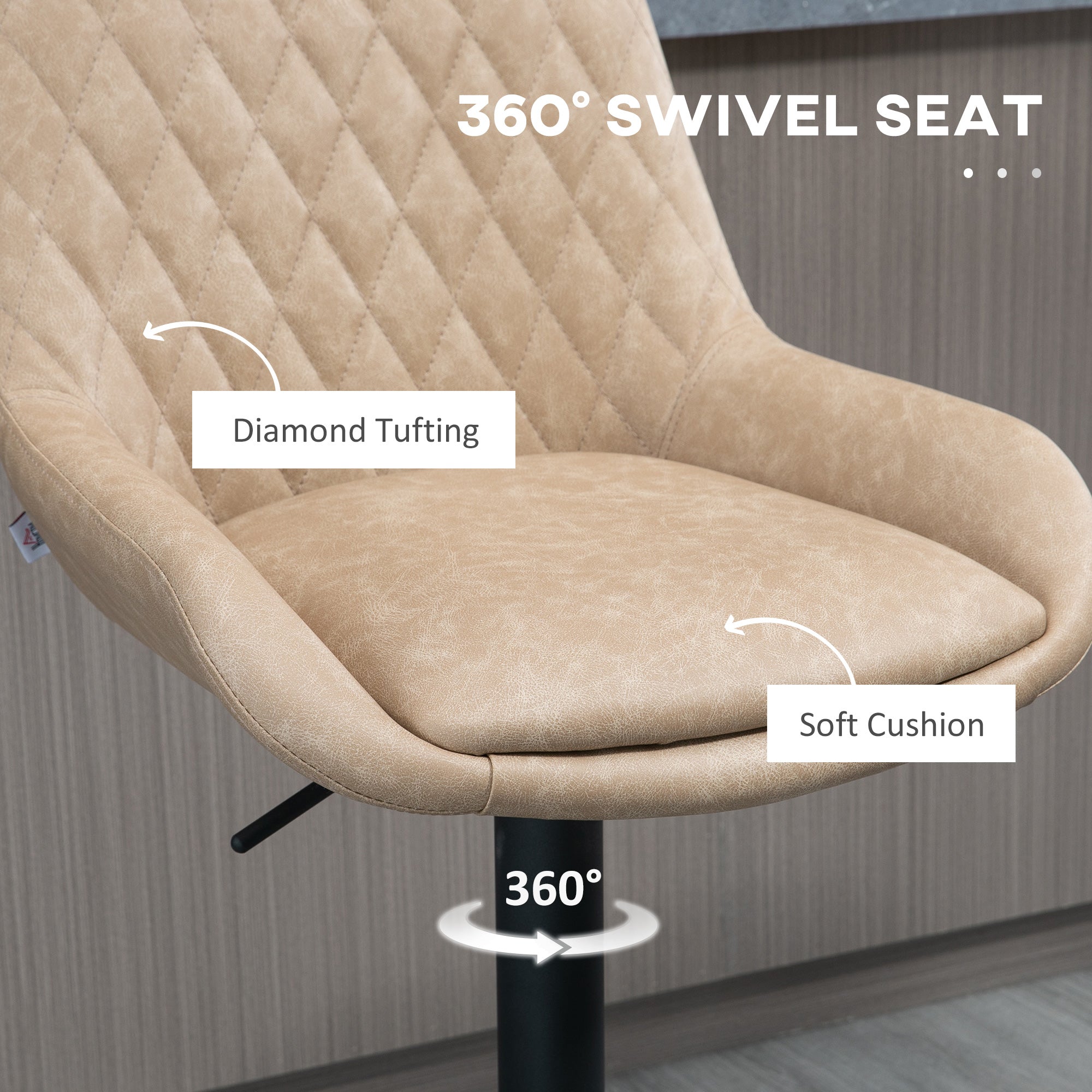 HOMCOM Breakfast Bar Stools Set of 2 with 51x40cm Wide Seat, Height Adjustable Kitchen Counter Chairs, Retro Swivel Upholstered Barstools with Back, Footrest and Steel Base, Light Khaki