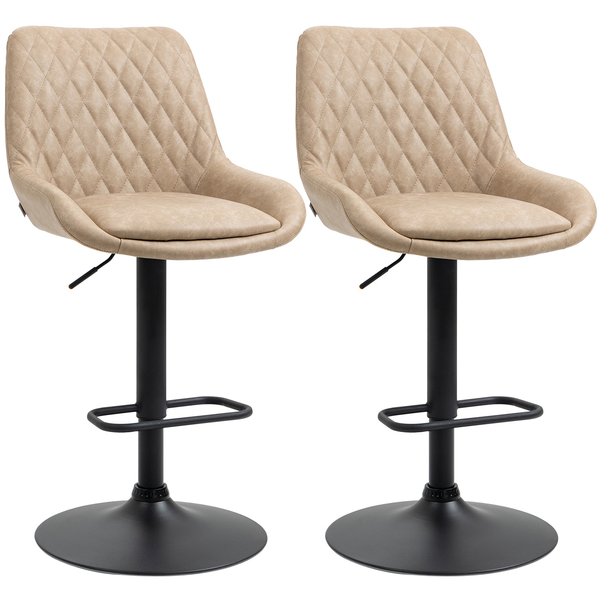 HOMCOM Breakfast Bar Stools Set of 2 with 51x40cm Wide Seat, Height Adjustable Kitchen Counter Chairs, Retro Swivel Upholstered Barstools with Back, Footrest and Steel Base, Light Khaki