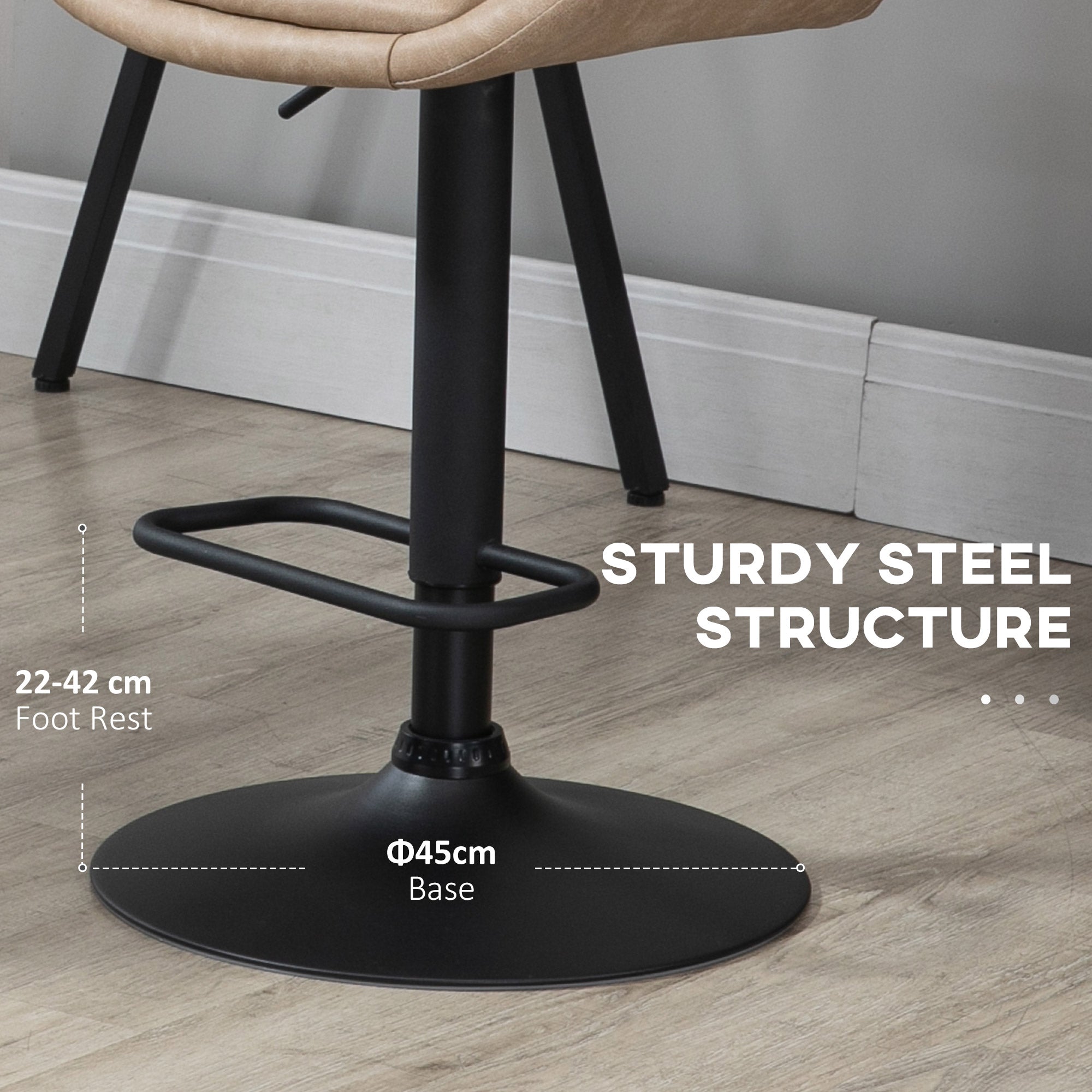 HOMCOM Breakfast Bar Stools Set of 2 with 51x40cm Wide Seat, Height Adjustable Kitchen Counter Chairs, Retro Swivel Upholstered Barstools with Back, Footrest and Steel Base, Light Khaki