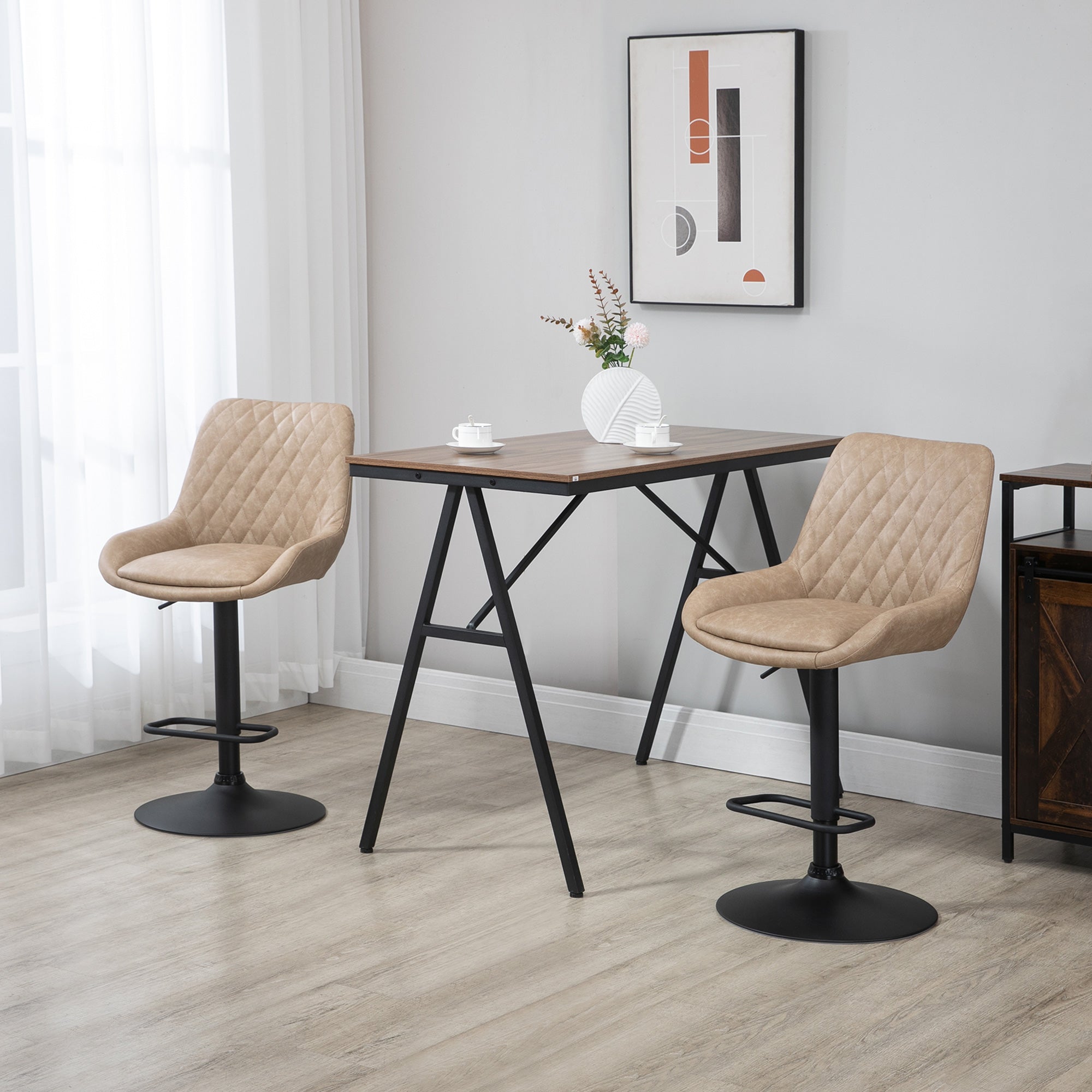 HOMCOM Breakfast Bar Stools Set of 2 with 51x40cm Wide Seat, Height Adjustable Kitchen Counter Chairs, Retro Swivel Upholstered Barstools with Back, Footrest and Steel Base, Light Khaki