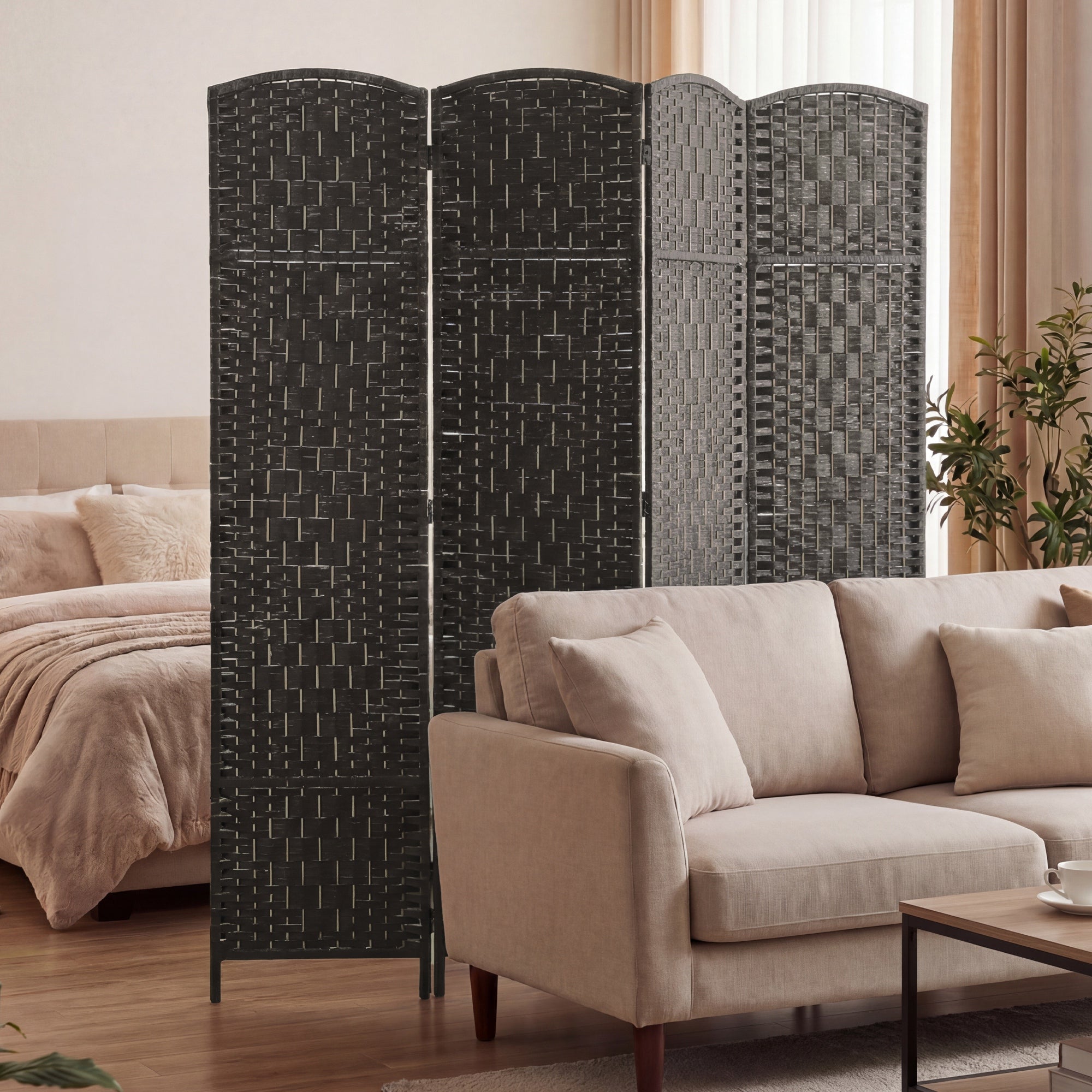 Room Divider, 4 Panel Folding Privacy Screen, 70.9" Tall Portable Wicker Weave Partition Wall Divider for Bedroom, Home Office, Coffee