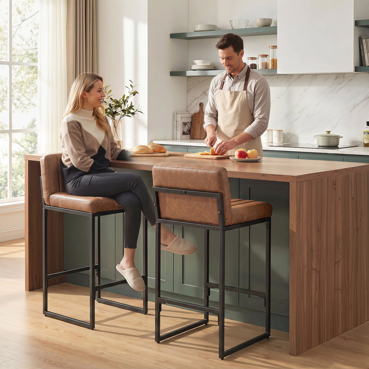 Bar Stools Set of 2, Retro Padded Counter Height Stools with Back and Metal Leg, Vintage PU Leather, Easy-Clean Kitchen Chairs, Brown