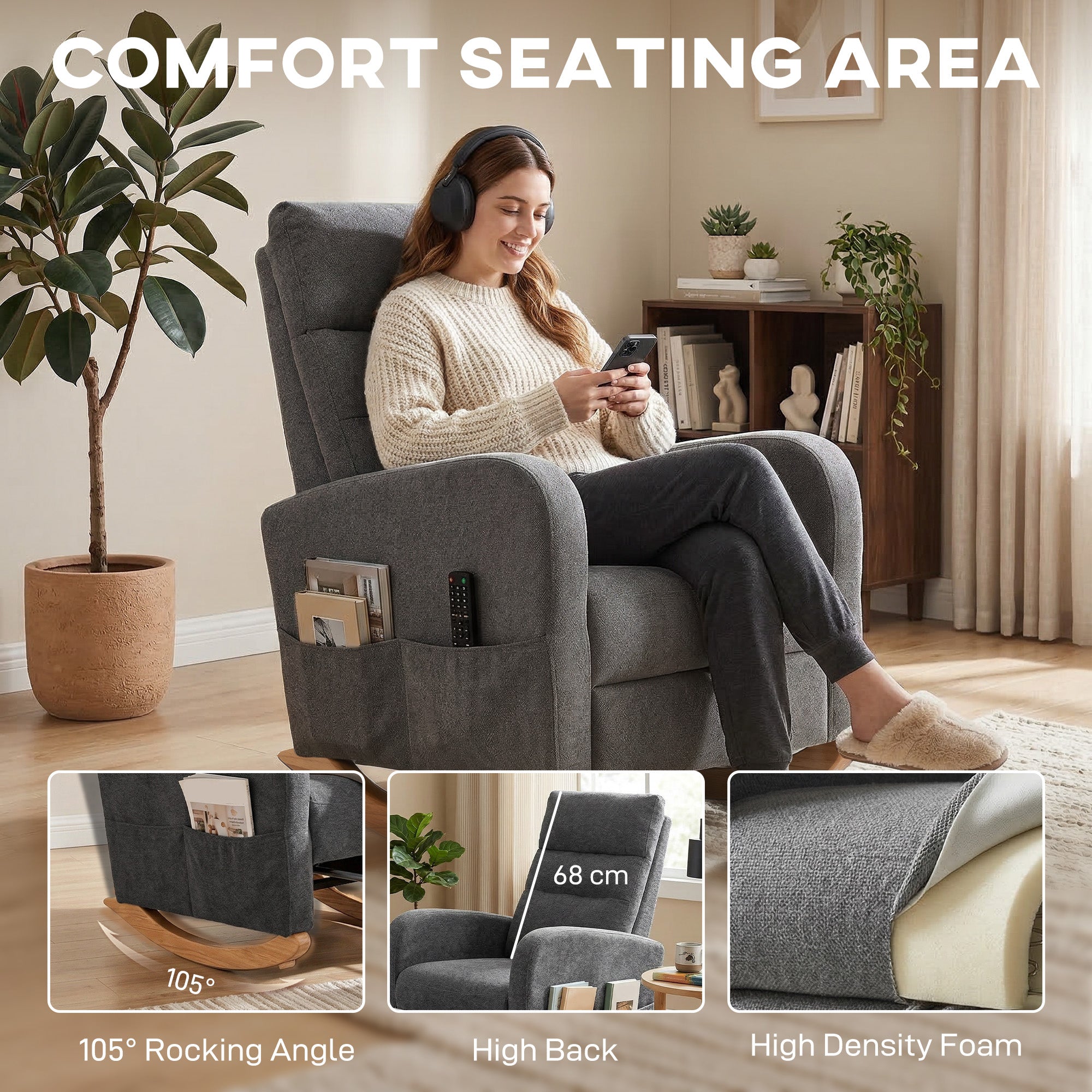 Upholstered Rocking Chair with Retractable Footrest, Modern Armchair with High Back, Plywood Frame and Rubberwood Feet for Living Room, Bedroom, Grey