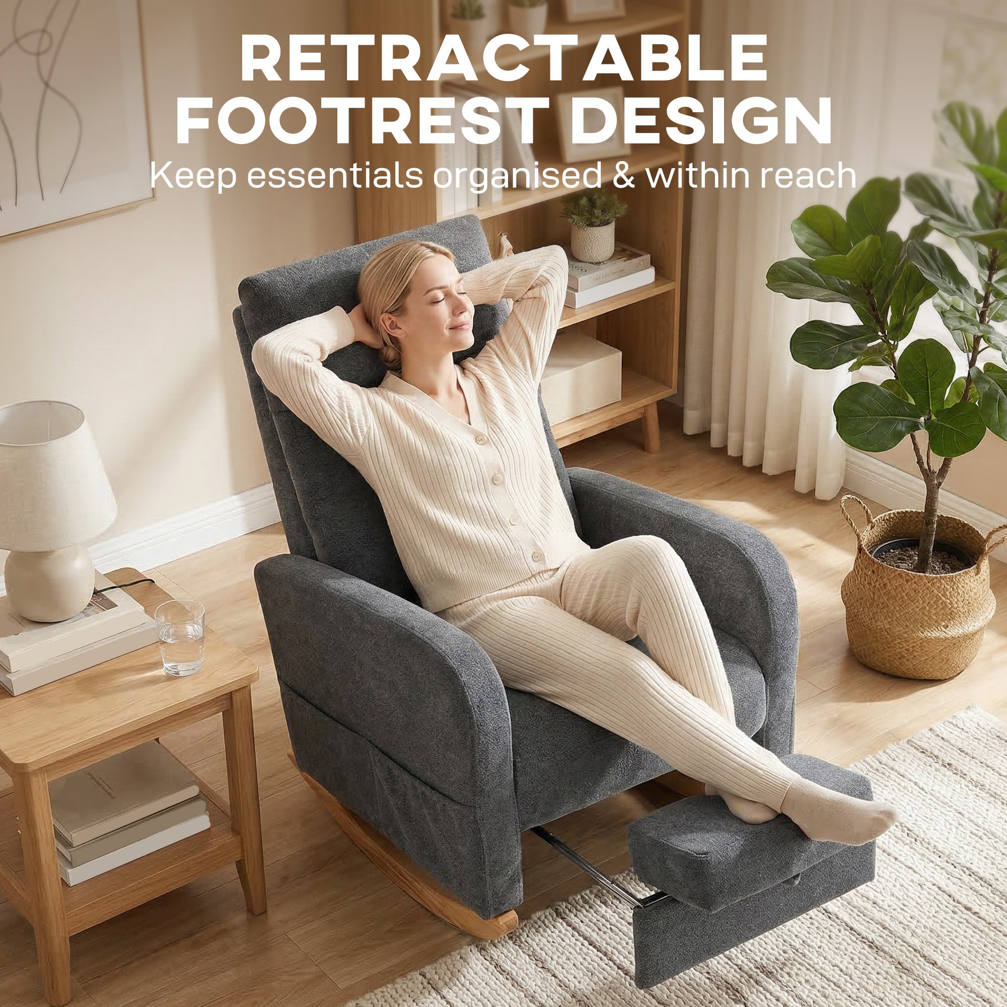 Upholstered Rocking Chair with Retractable Footrest, Modern Armchair with High Back, Plywood Frame and Rubberwood Feet for Living Room, Bedroom, Grey