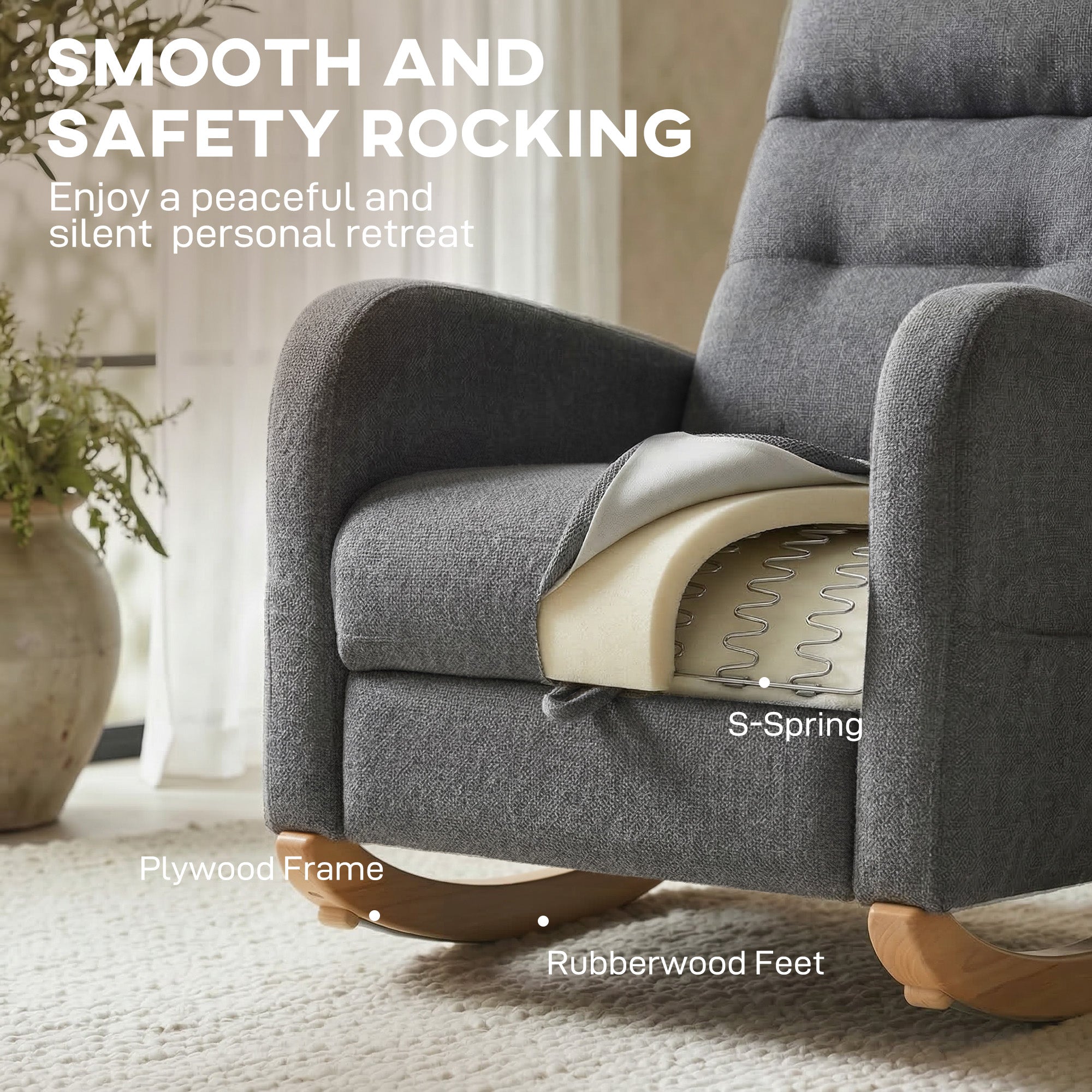 Upholstered Rocking Chair with Retractable Footrest, Modern Armchair with High Back, Plywood Frame and Rubberwood Feet for Living Room, Bedroom, Grey