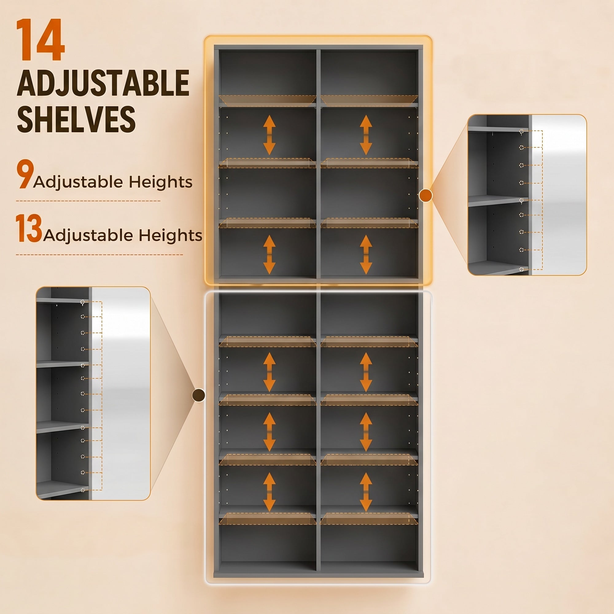 640 CD/360 DVD Storage Unit, Blu-ray Media Storage Shelf with 18 Compartments and 14 Adjustable Shelves, CD Tower for Living Room, Bedroom, Office, Grey