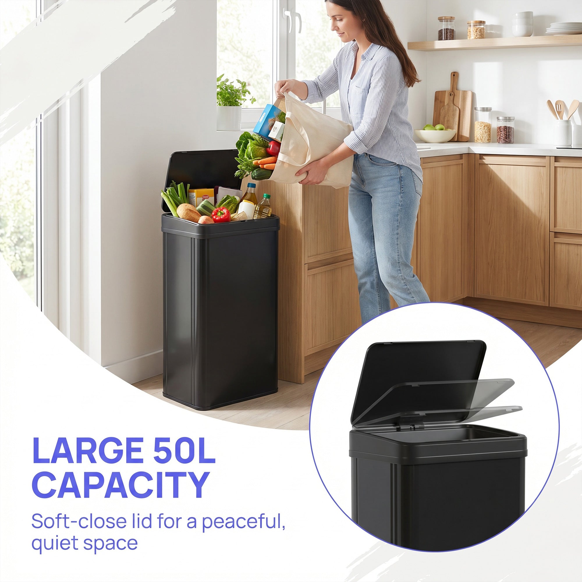 50L Sensor Bin with Quiet Soft-Close Lid, Automatic Touchless Motion Sensor Kitchen Bin with Fingerprint Resistant Stainless Steel for Hygienic Gyms, Home Office Use, Black