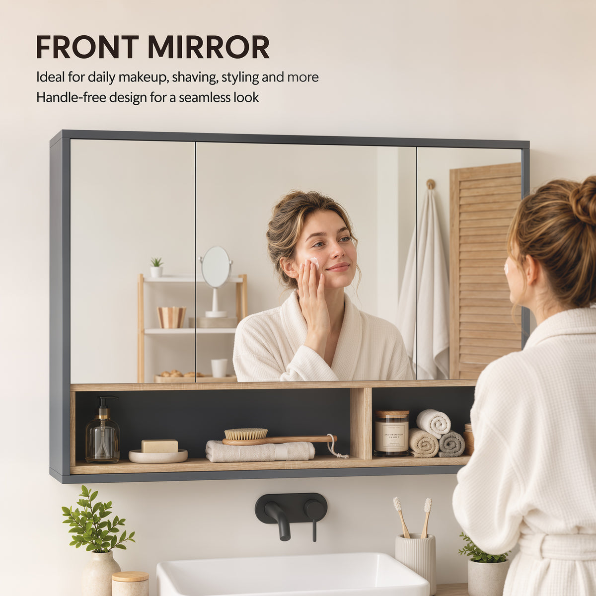 Medicine Cabinet with Mirror, Wall Mounted Bathroom Mirror Cabinet with Shelves, 3 Doors Storage Cabinet, Grey