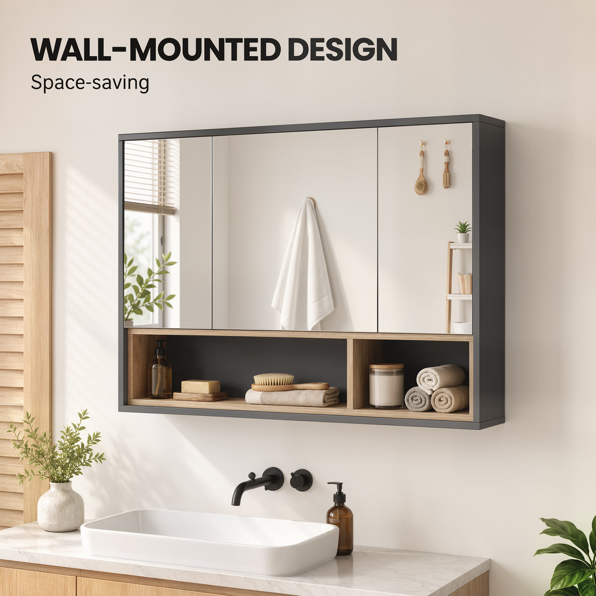 Medicine Cabinet with Mirror, Wall Mounted Bathroom Mirror Cabinet with Shelves, 3 Doors Storage Cabinet, Grey
