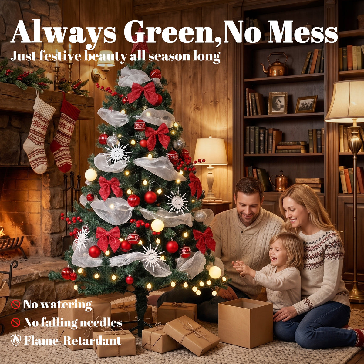5ft Prelit Christmas Tree Spruce, Remote, Hinged, Artificial Xmas Tree with 8 Modes, 450 Tips, 150 LEDs, Balls, Ribbons, Bows, Foldable Metal Base, Green and Red