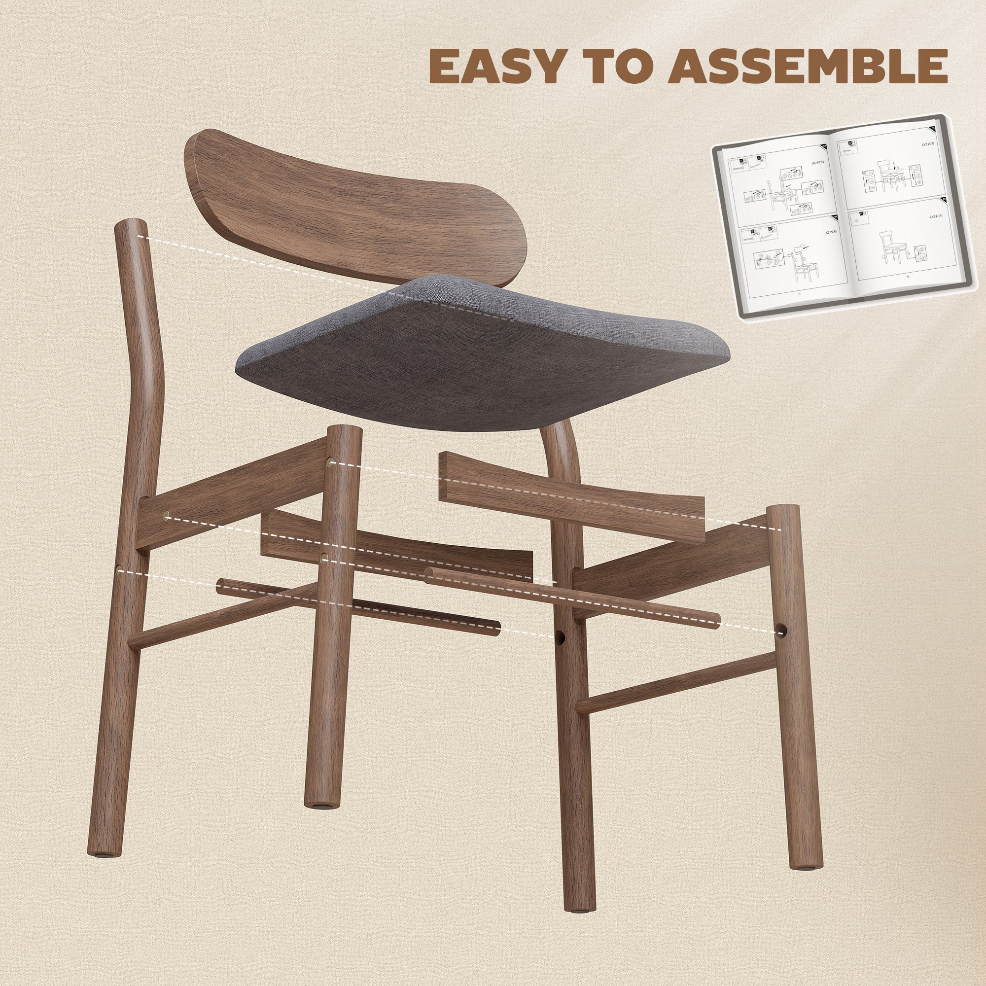 Mid-Century Modern Wooden Dining Chairs Set of 2, Upholstered Kitchen Chairs with Rubberwood Legs, Curved Backrest and Padded Seat for Dining Room, Gray