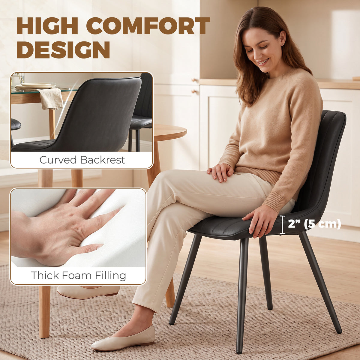 Dining Chairs Set of 4, Modern Faux Leather Upholstered Kitchen Chairs with Metal Legs for Dining Room, Kitchen, Living Room, Black