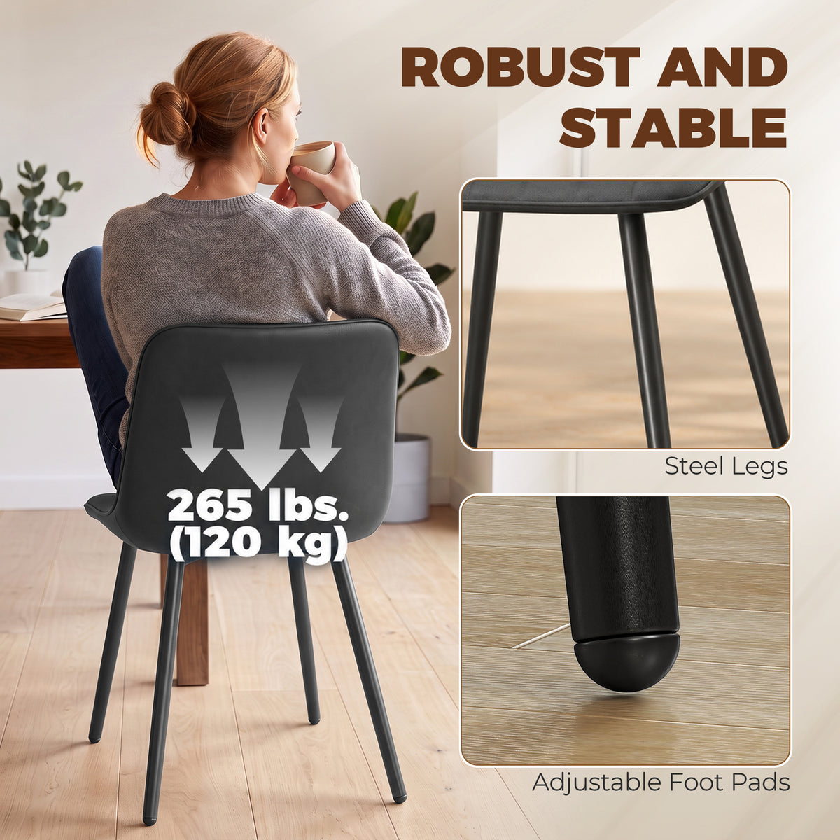 Dining Chairs Set of 4, Modern Faux Leather Upholstered Kitchen Chairs with Metal Legs for Dining Room, Kitchen, Living Room, Black