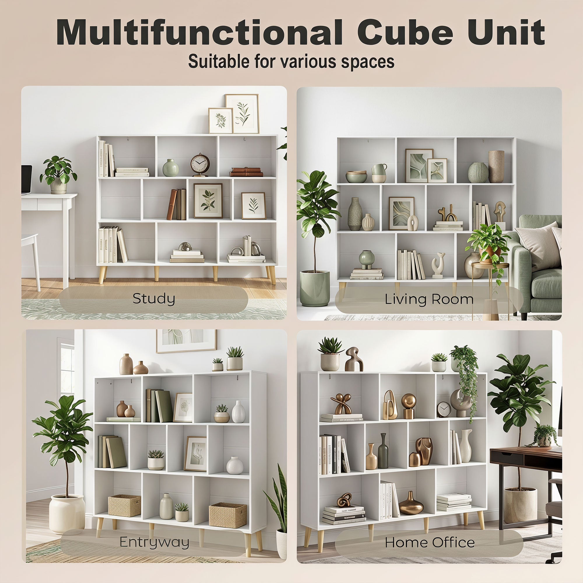 10-Cube Bookshelf, 3-Tier Bookcase with Solid Wood Legs, 140 cm Modern Freestanding Book Shelf with Anti-Tip Kit for Bedroom Living Room Study Office, White Wood Effect
