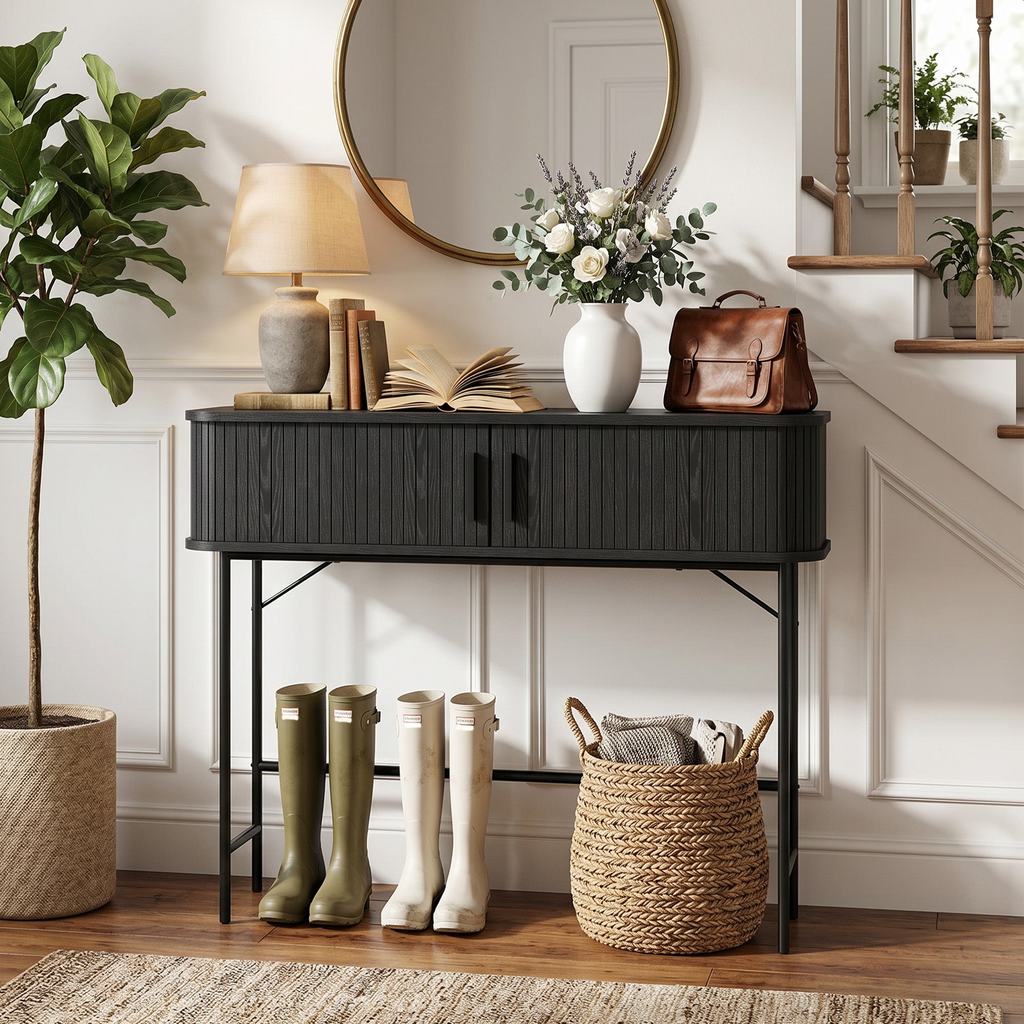 39" Narrow Console Table, Mid-Century Entryway Table with Storage Compartments and Slatted Tambour Swing Doors for Behind Couch, Living Room, Hallway, Black