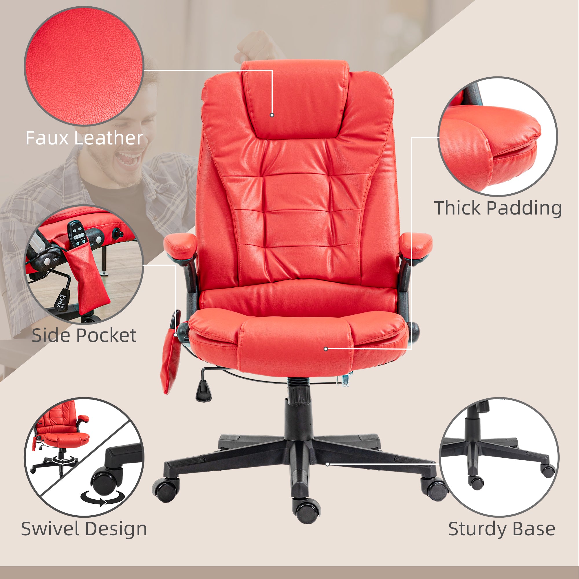Heated Massage Office Chair with 6 Vibration Points, Armrest and Remote, Red