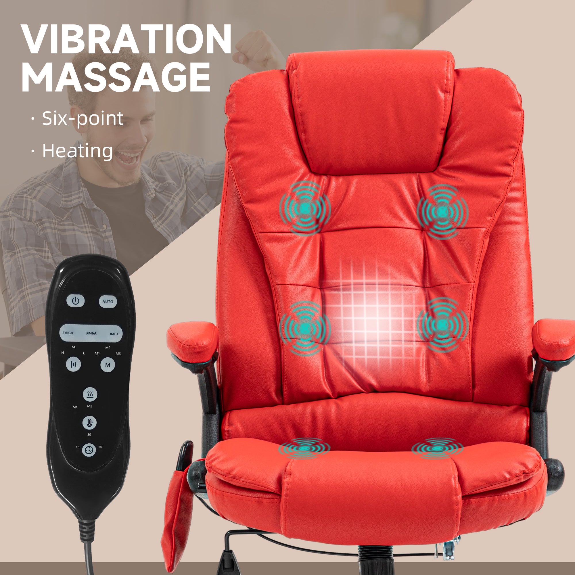 Heated Massage Office Chair with 6 Vibration Points, Armrest and Remote, Red