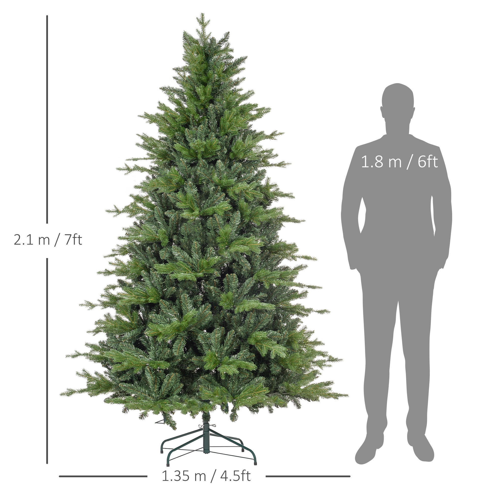 7ft Artificial Christmas Tree with 2445 Tips, Metal Base, Realistic Hinged Xmas Tree for Home Office, Green