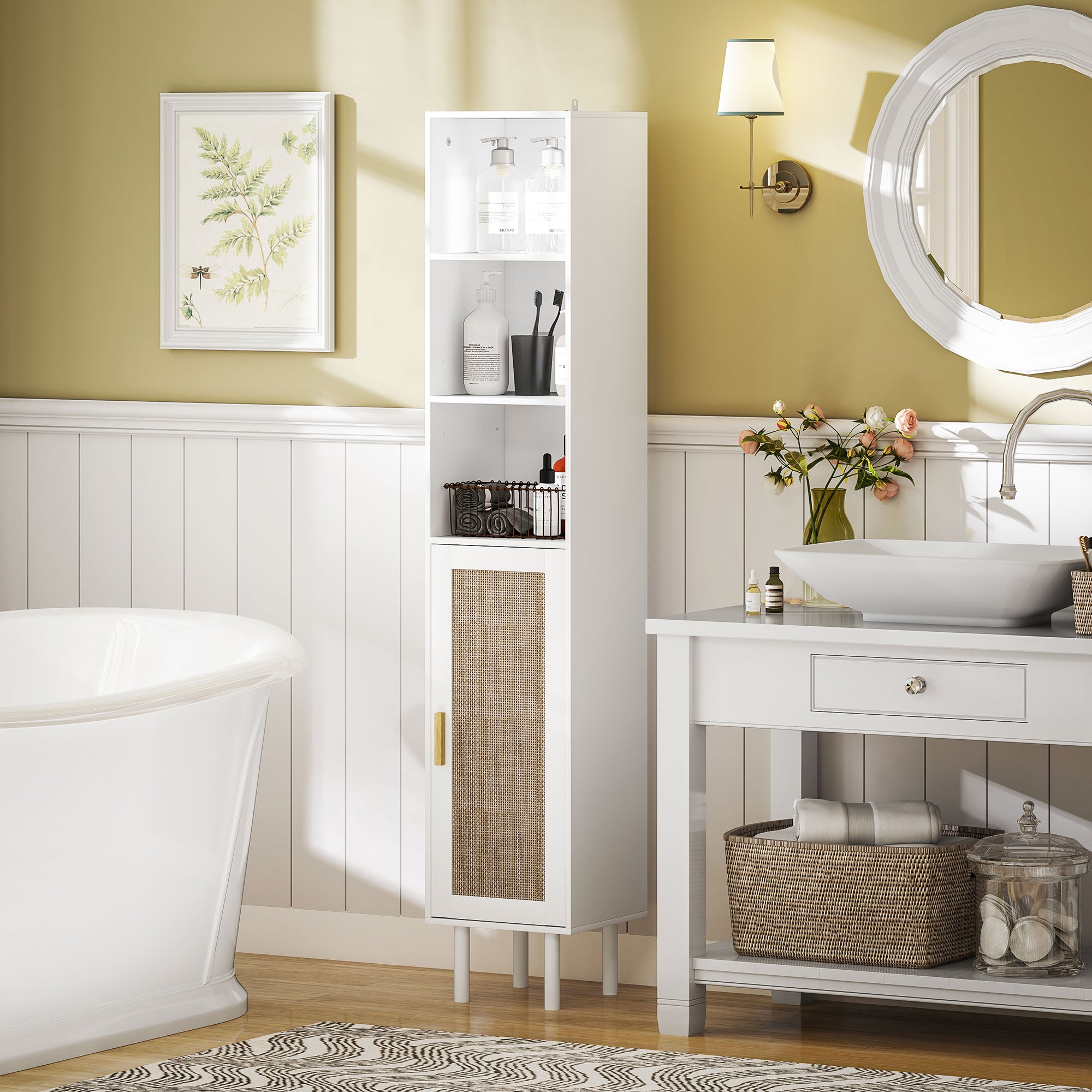 Tall Bathroom Cabinet with Rattan Doors Freestanding Storage with Adjustable Shelves White