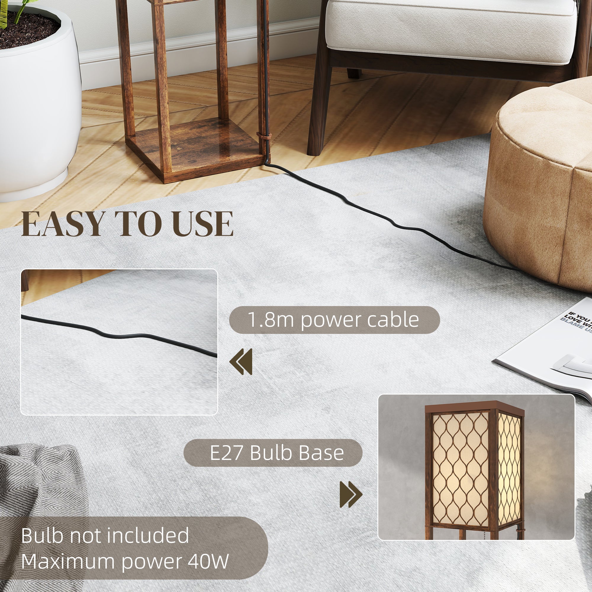 Floor Lamp with Shelves, Single Light, Modern Tall Standing Lamps for Living Room, Bedroom, with Chain Switch, Bulb not Included, Rustic Brown