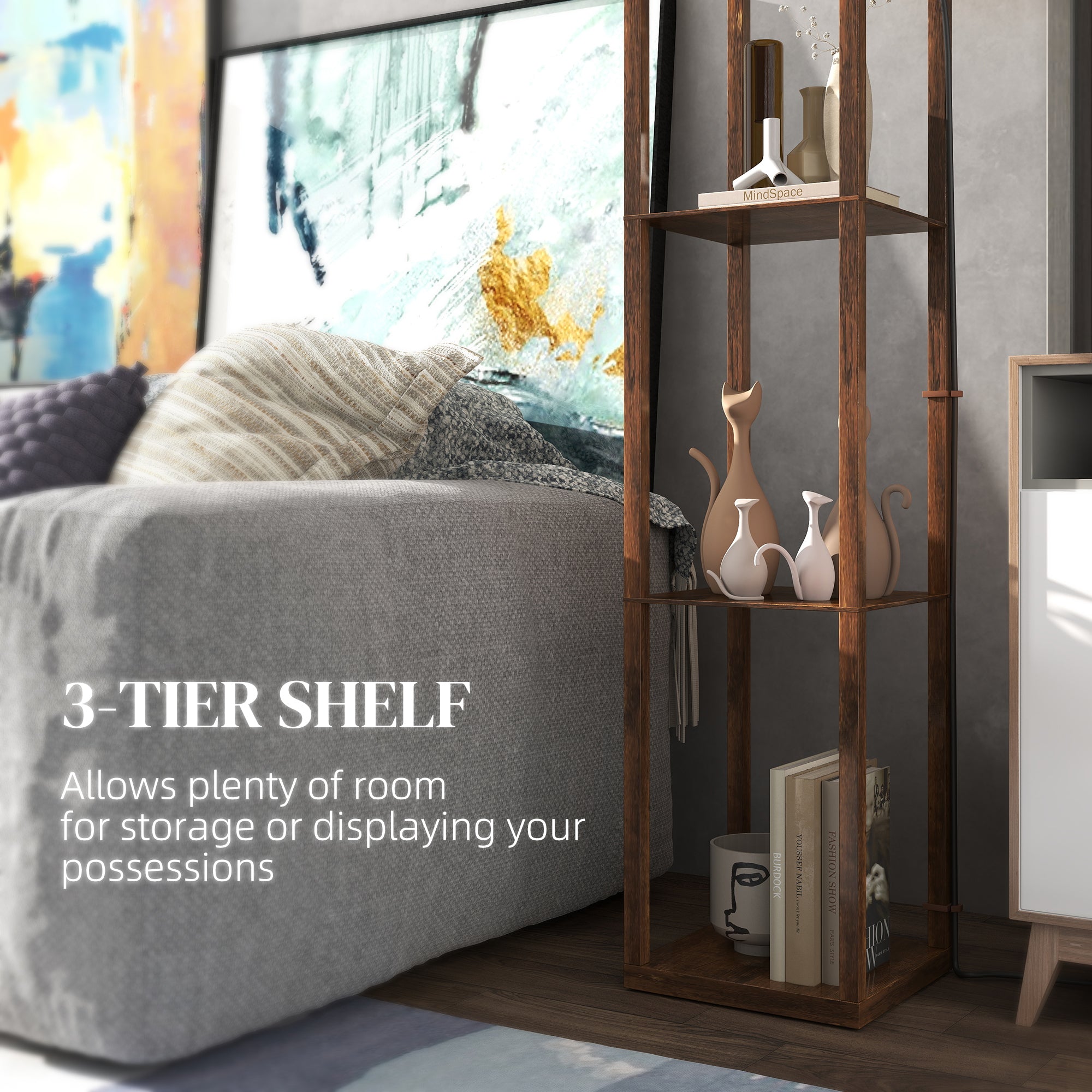 Floor Lamp with Shelves, Single Light, Modern Tall Standing Lamps for Living Room, Bedroom, with Chain Switch, Bulb not Included, Rustic Brown