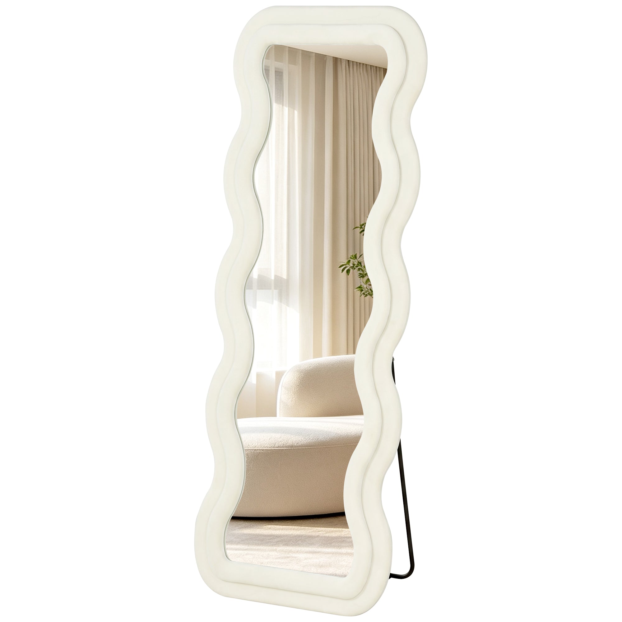 Full Length Mirror, 160 x 60 cm Wavy Large Full Body Standing Mirror with Velvet Frame, HD Tempered Glass, Floor Standing, Wall Hanging or Leaning for Bedroom, Living Room, Cream White